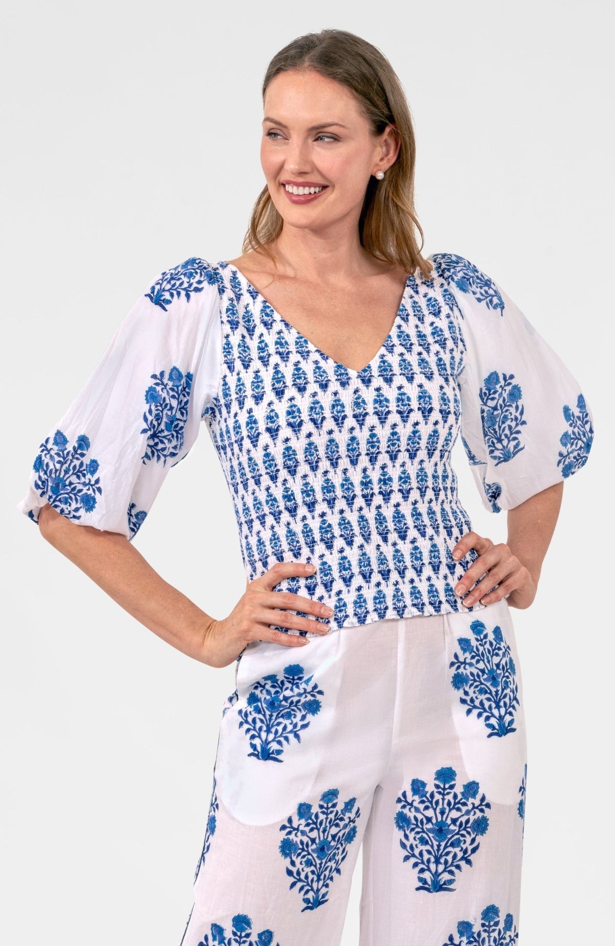 Crinkle Dimple Floral Top Blues