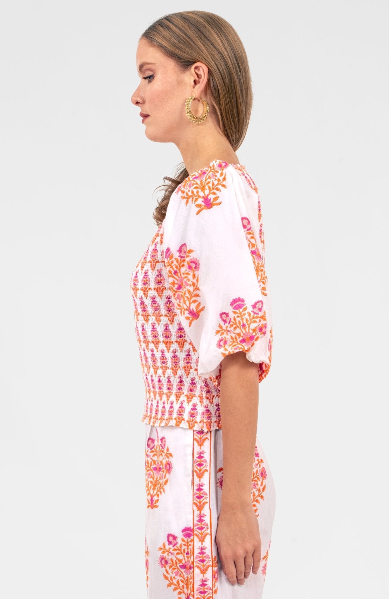 Crinkle Dimple Floral Top Orange