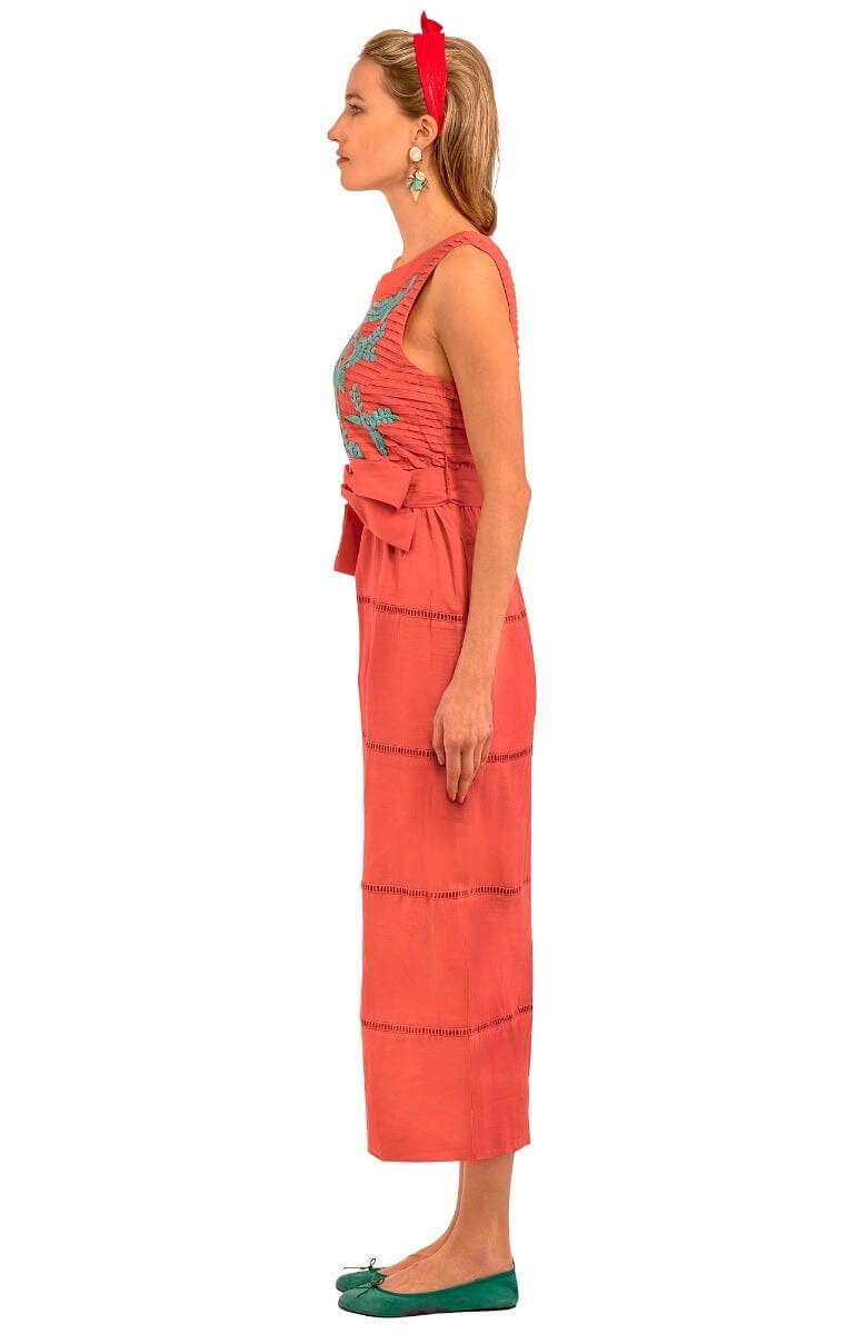 Hand Embroidered Cotton Peony Paradise Midi/Maxi Dress - La Di Da Coral Turq