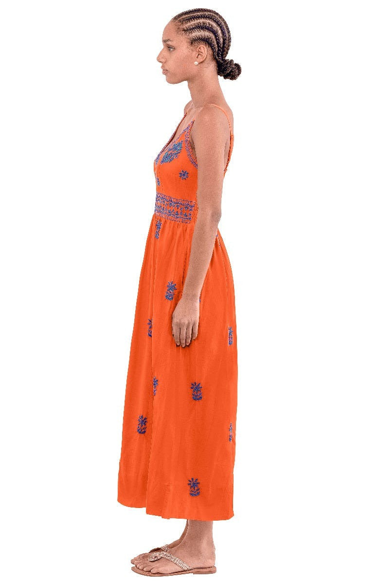 Hand Embroidered Midi Dress - Fiesta Time Coral Peri