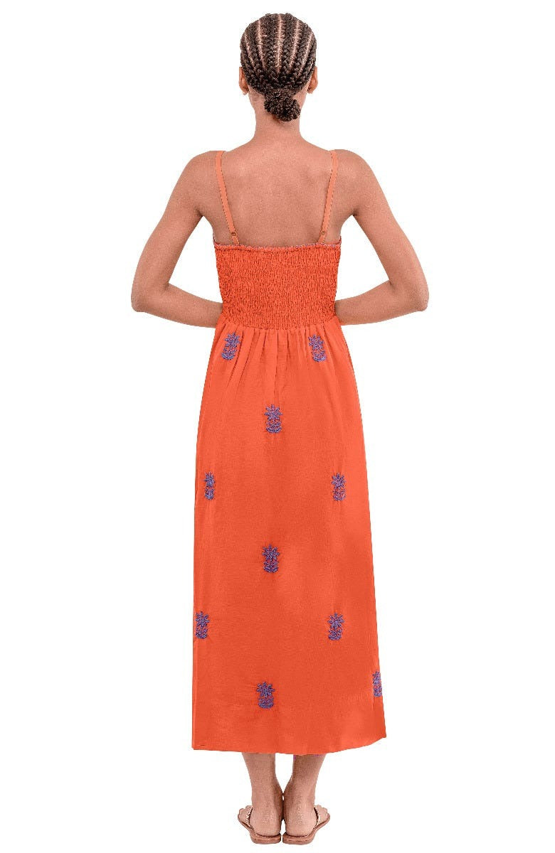 Hand Embroidered Midi Dress - Fiesta Time Coral Peri