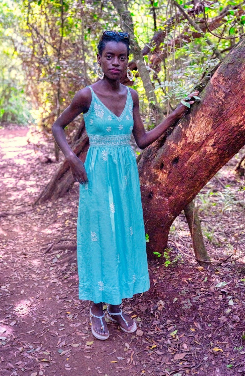 Hand Embroidered Midi Dress - Fiesta Time Turq White