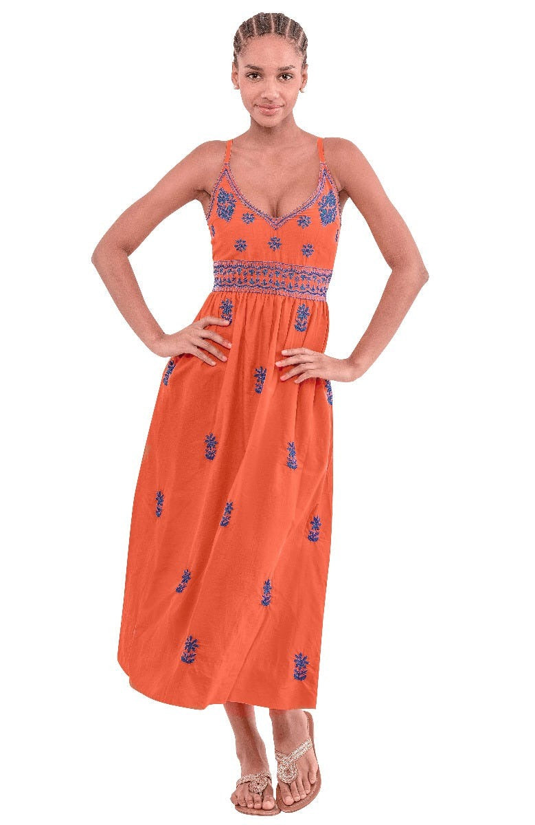 Hand Embroidered Midi Dress - Fiesta Time Coral Peri