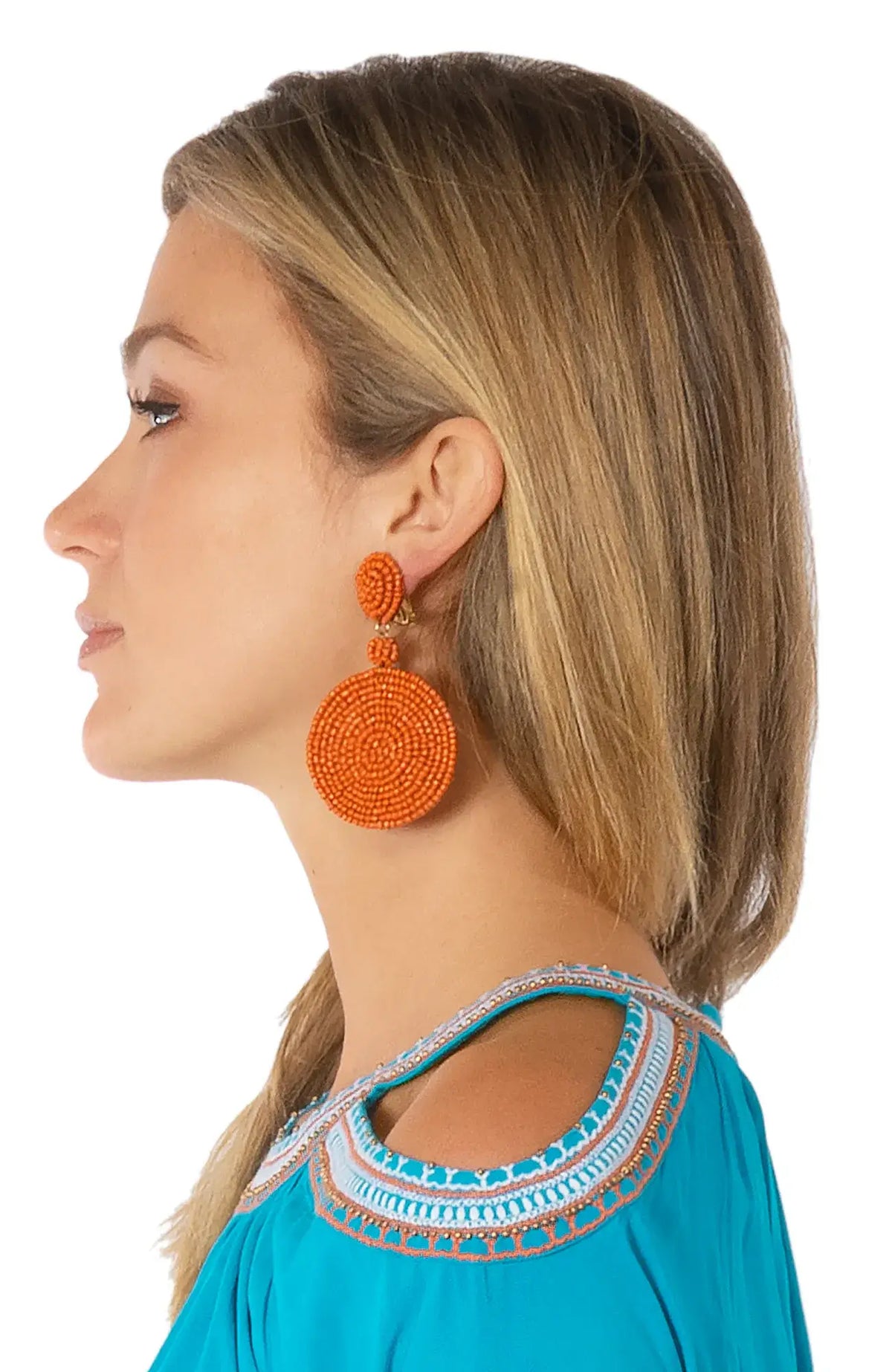 Beaded Circle Clip Earrings - Capetown Orange One Size