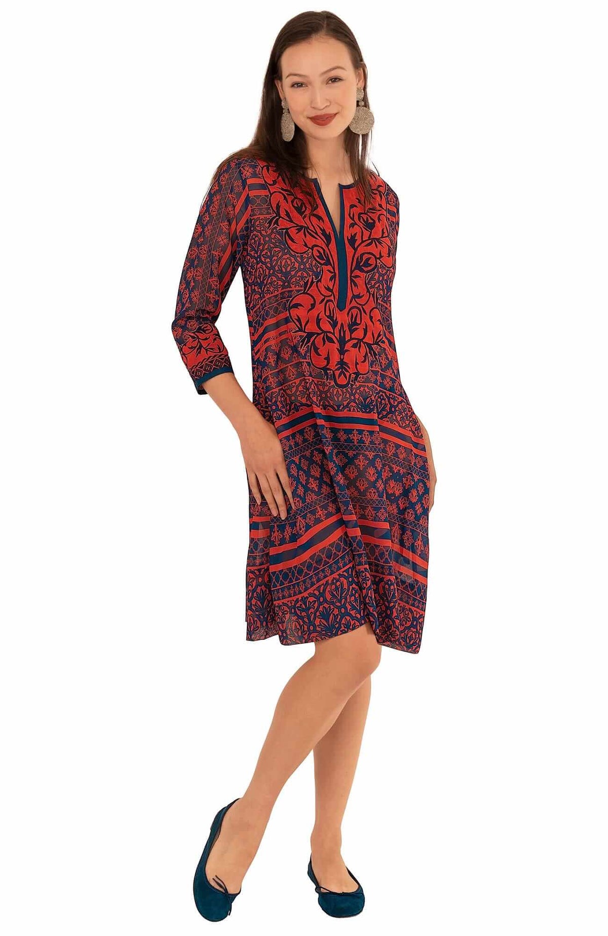 Embroidered Patchwork Swing Dress - Final Sale Navy Red