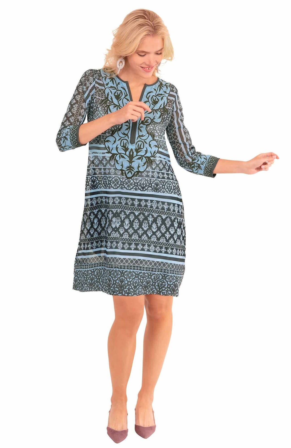 Embroidered Patchwork Swing Dress - Final Sale Gray Peri