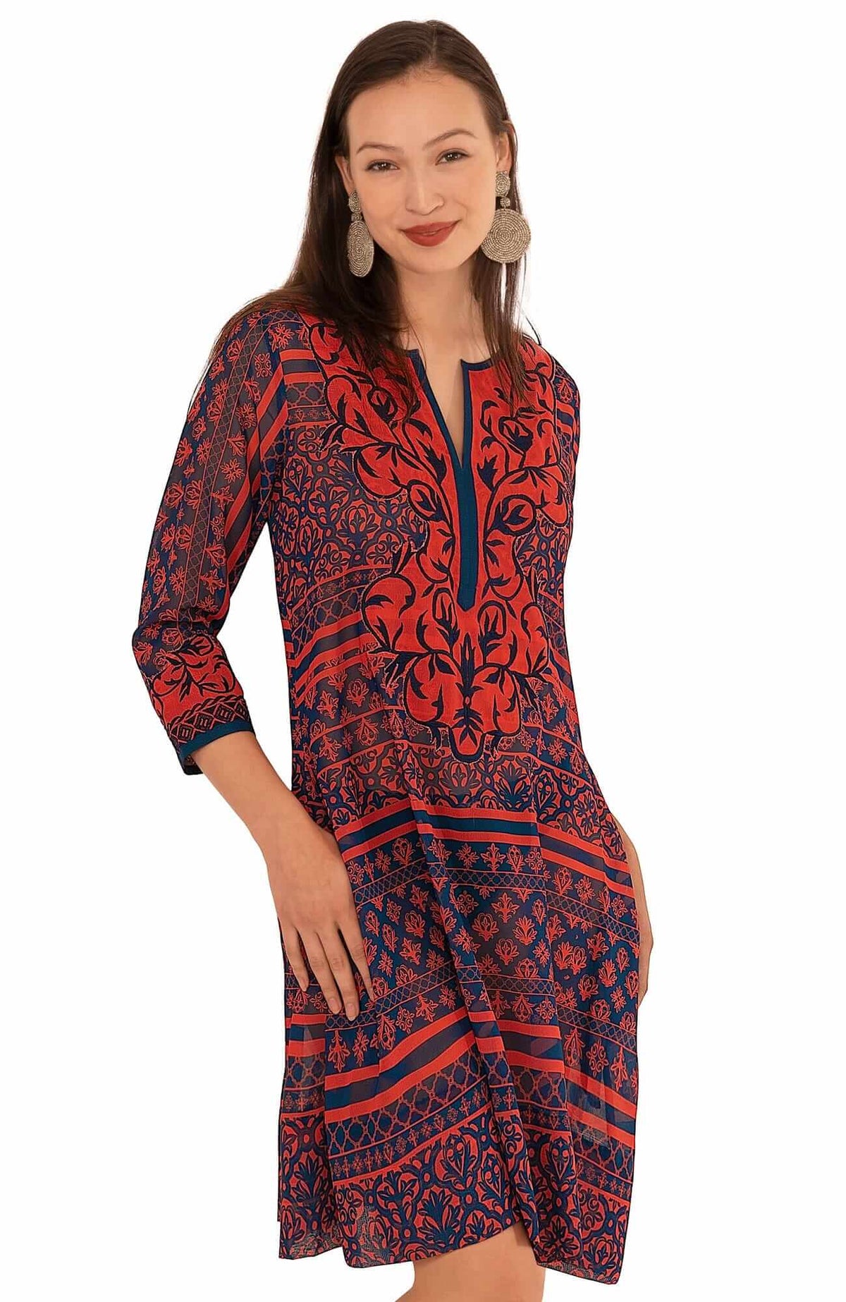 Embroidered Patchwork Swing Dress - Final Sale Navy Red