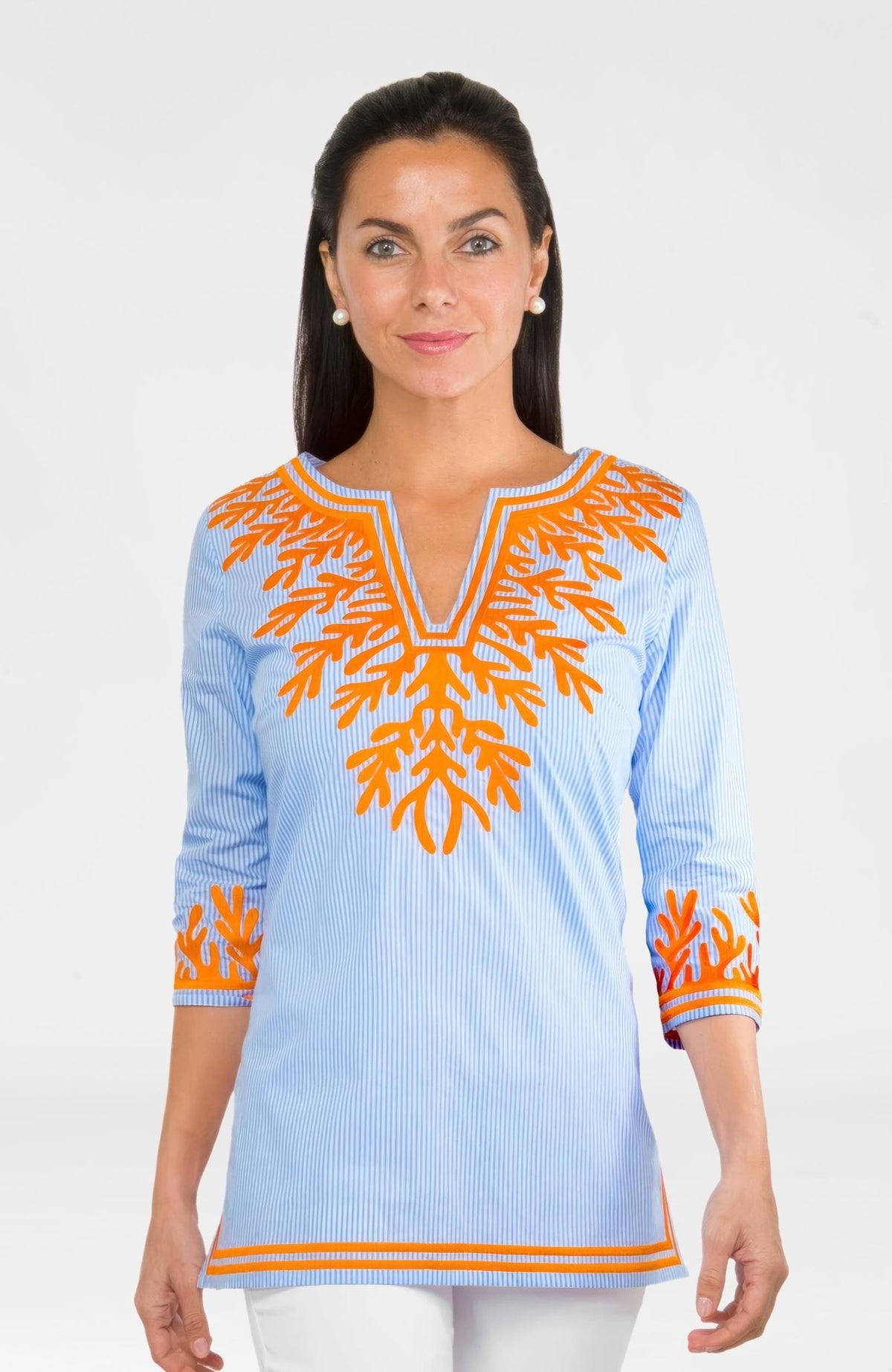 Embroidered Pinstripe Tunic - The Reef Peri Orange