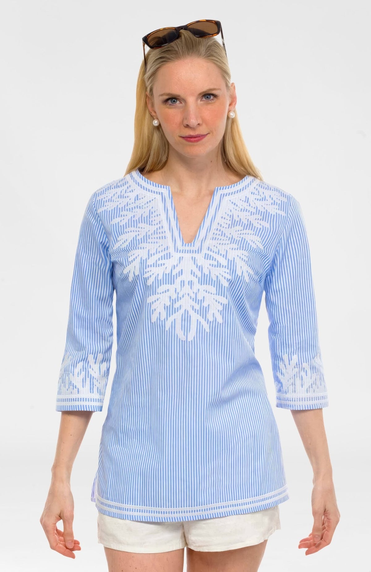 Embroidered Pinstripe Tunic - The Reef Blue White