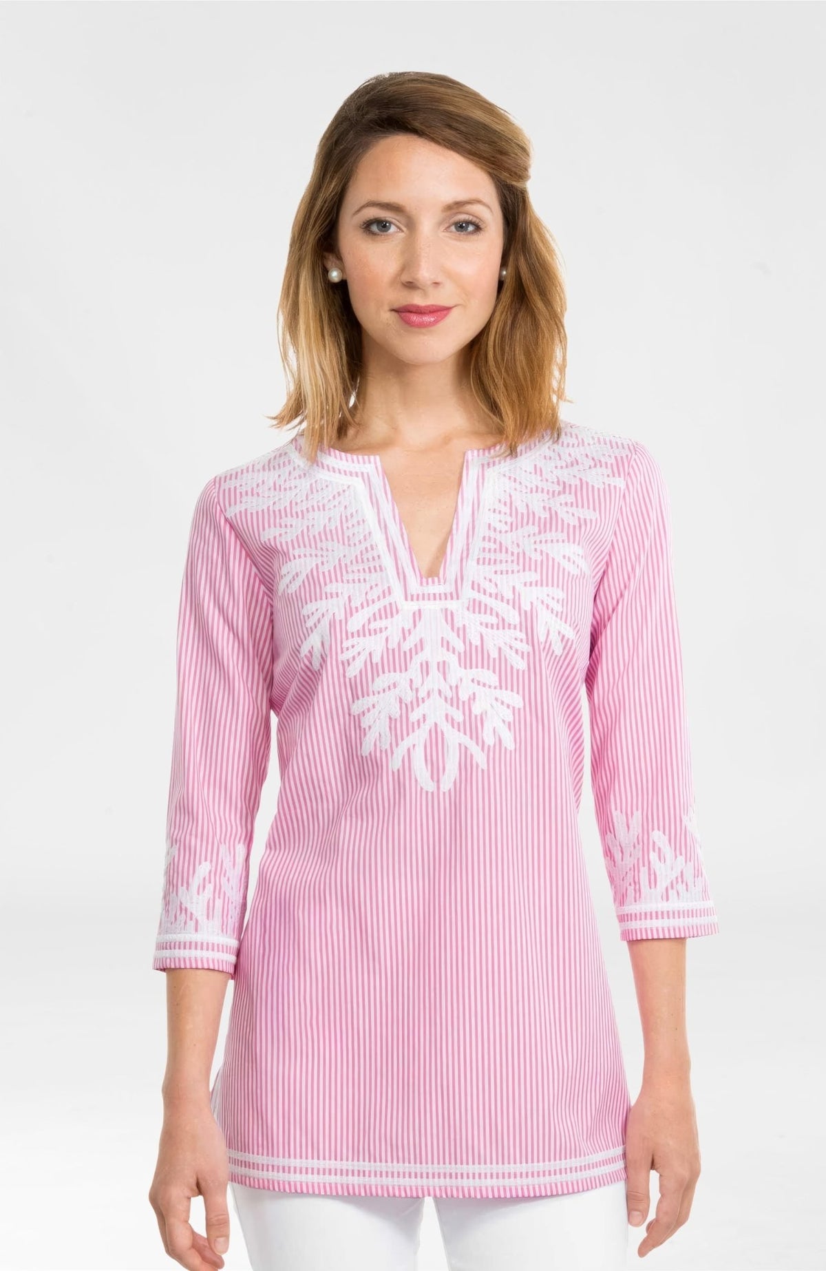 Embroidered Pinstripe Tunic - The Reef Pink White