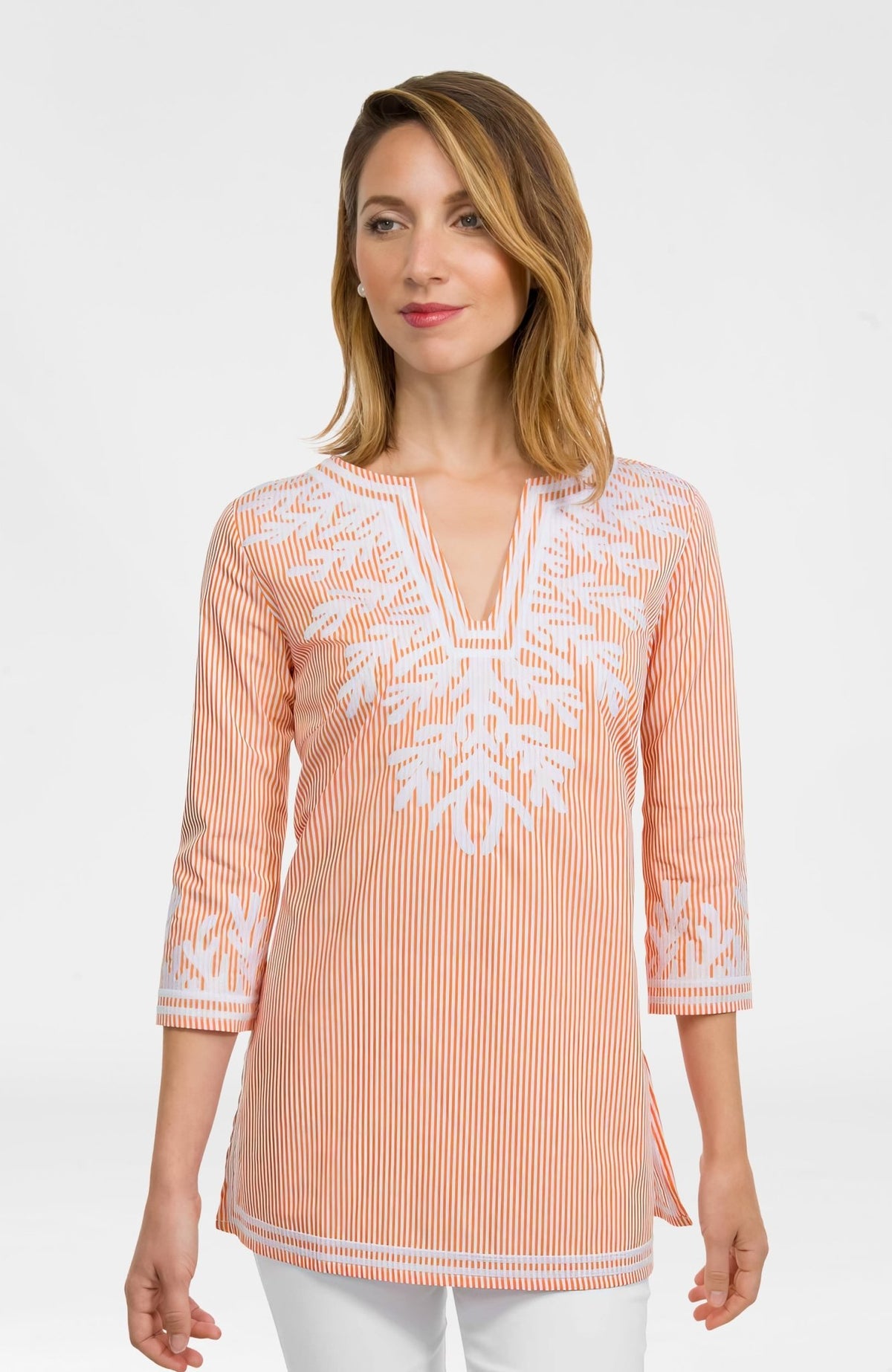 Embroidered Pinstripe Tunic - The Reef Coral White