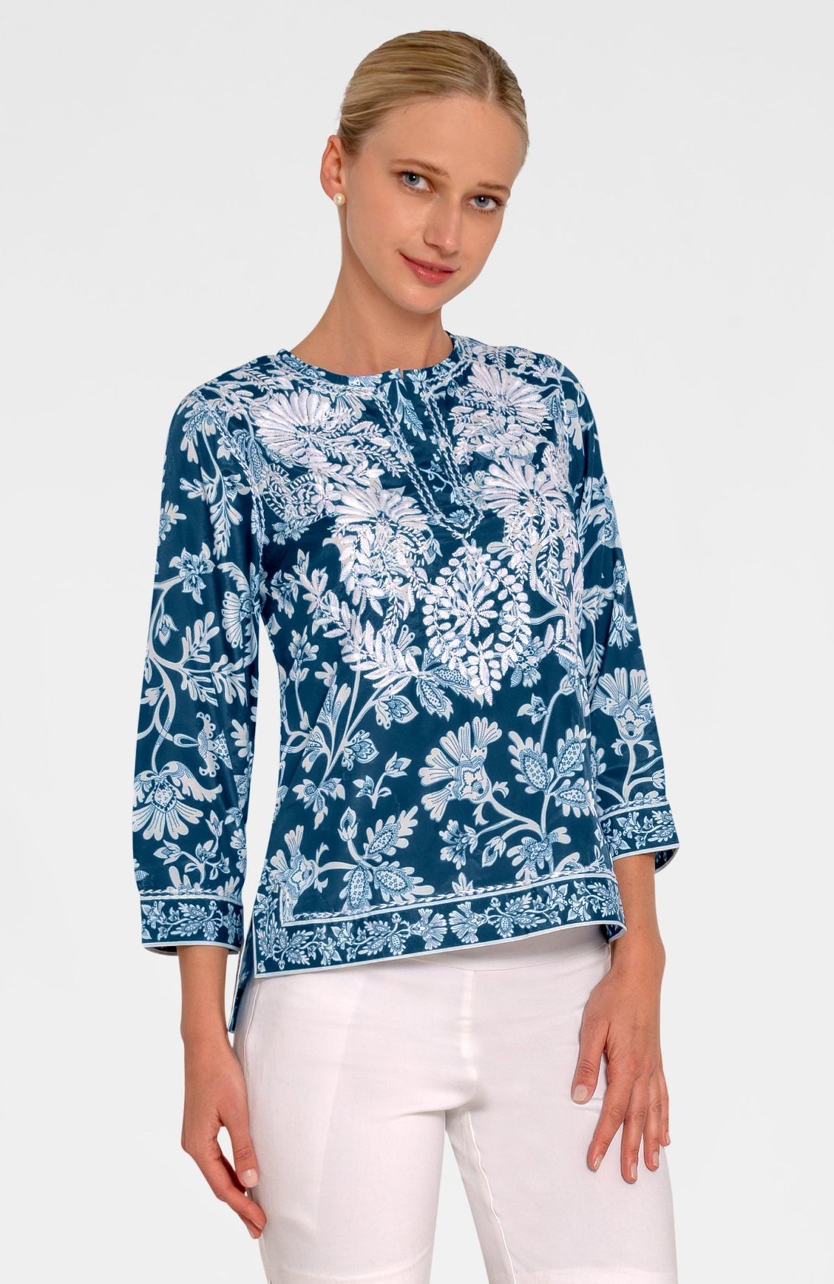 Embroidered Silky Tunic - Stunning Stippling Navy