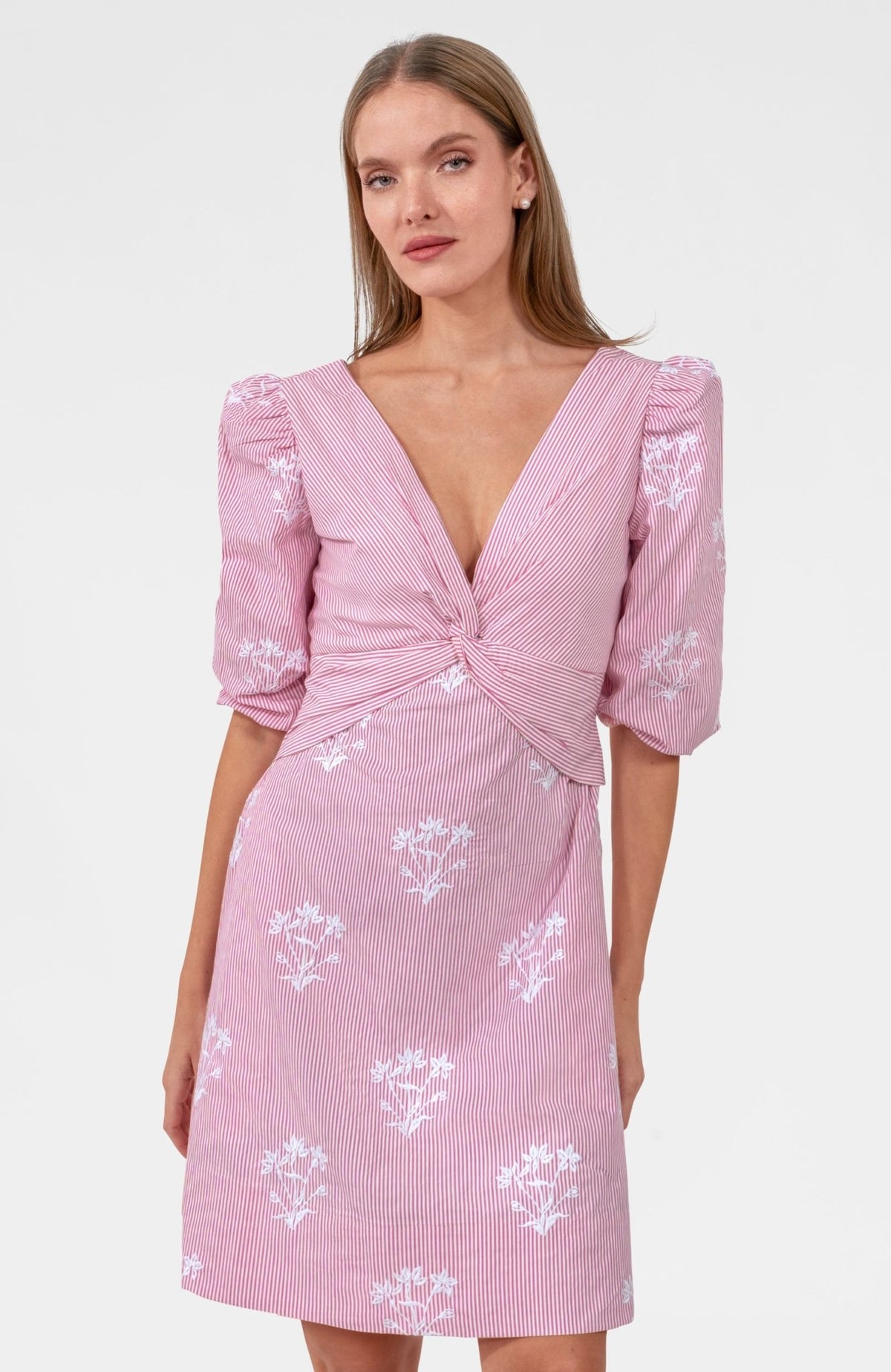 Embroidered Twister Short Dress - Stripe Pink