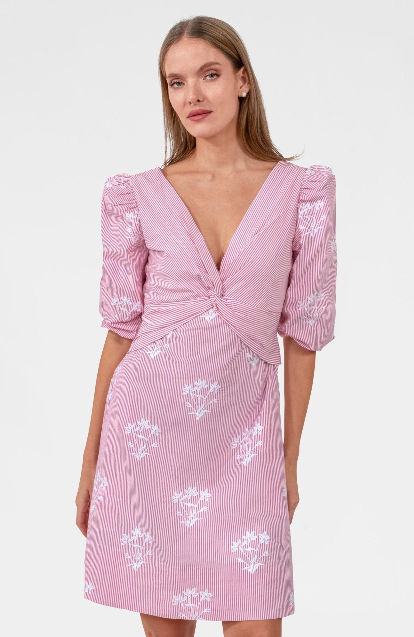 Embroidered Twister Short Dress - Stripe Pink