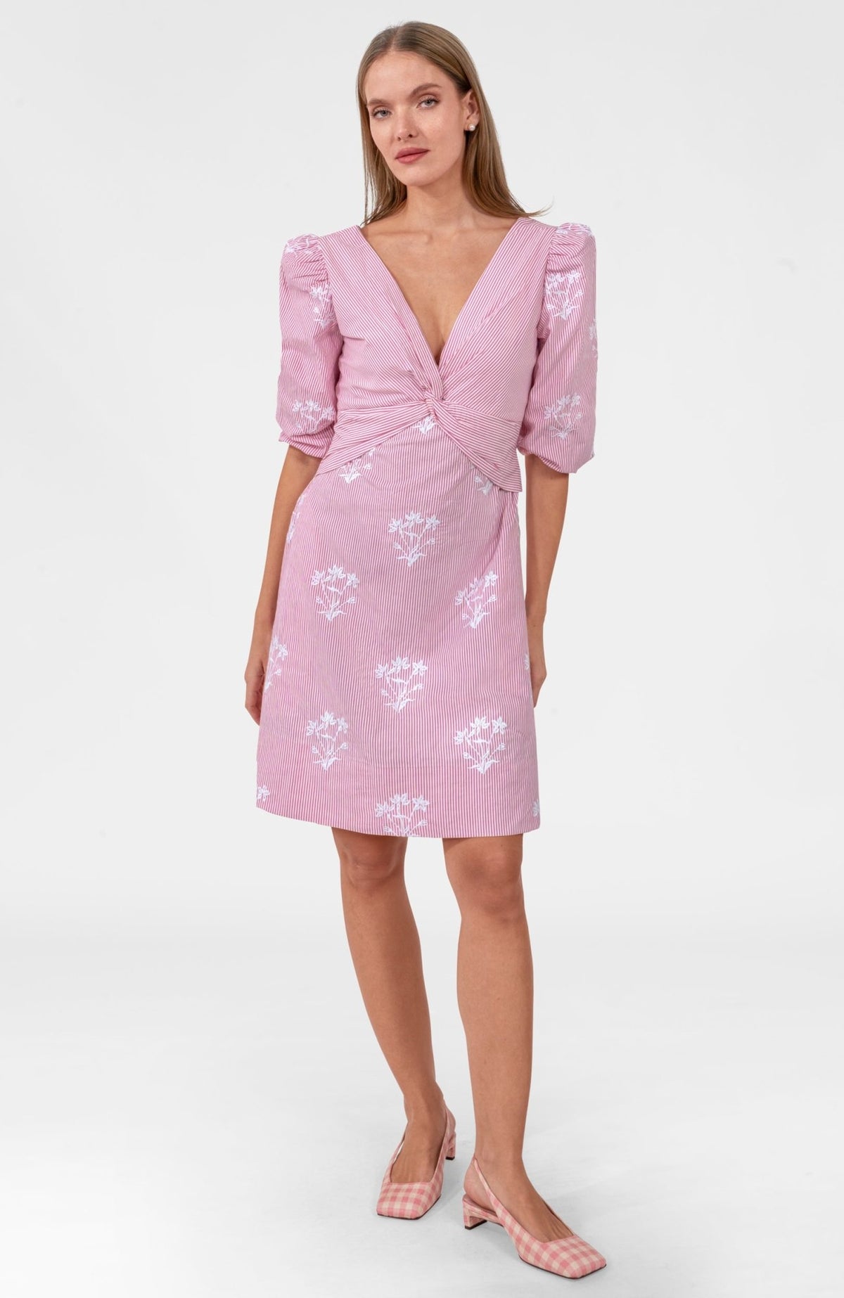 Embroidered Twister Short Dress - Stripe Pink