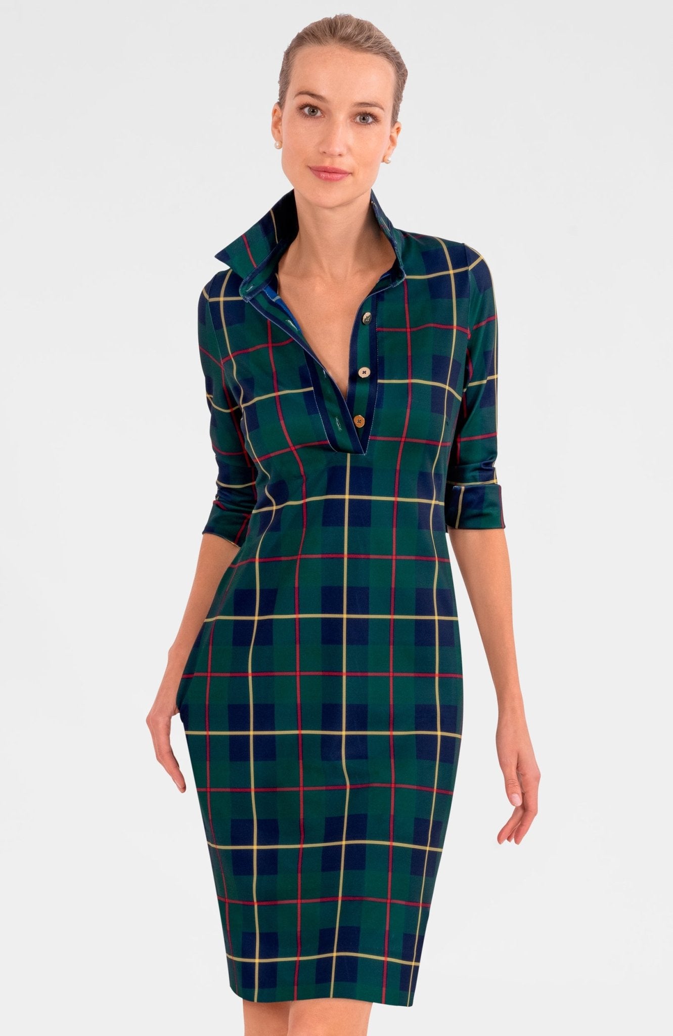 slim fit dress slacks Forest Green Plaid 3/4 Sleeve Maternity Dress