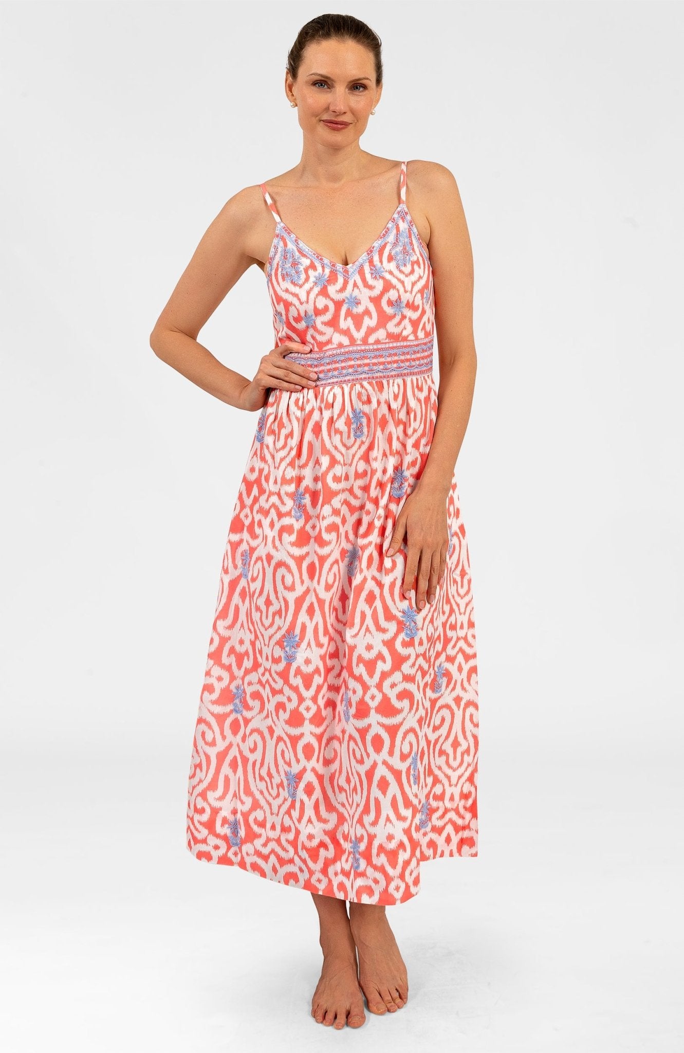 Fiesta Embroidered Cotton Maxi Dress - Arabesque Melon