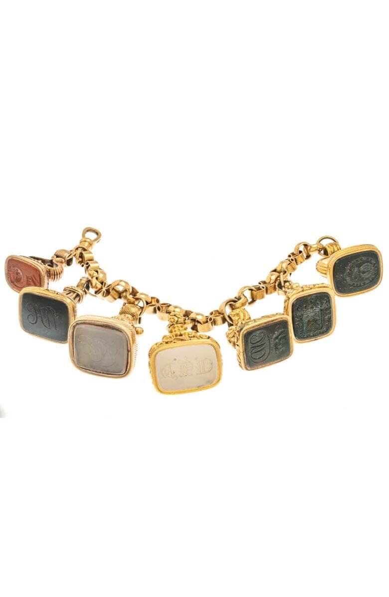7 Agate Seals, 10K Gold Bracelet