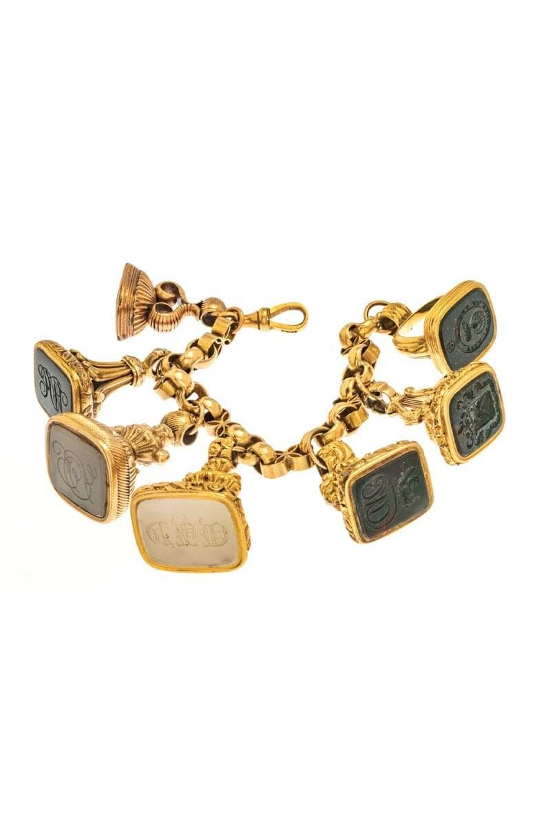 7 Agate Seals, 10K Gold Bracelet