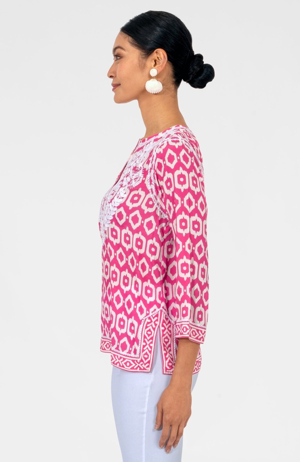 Geo Embroidered Silky Tunic Pink