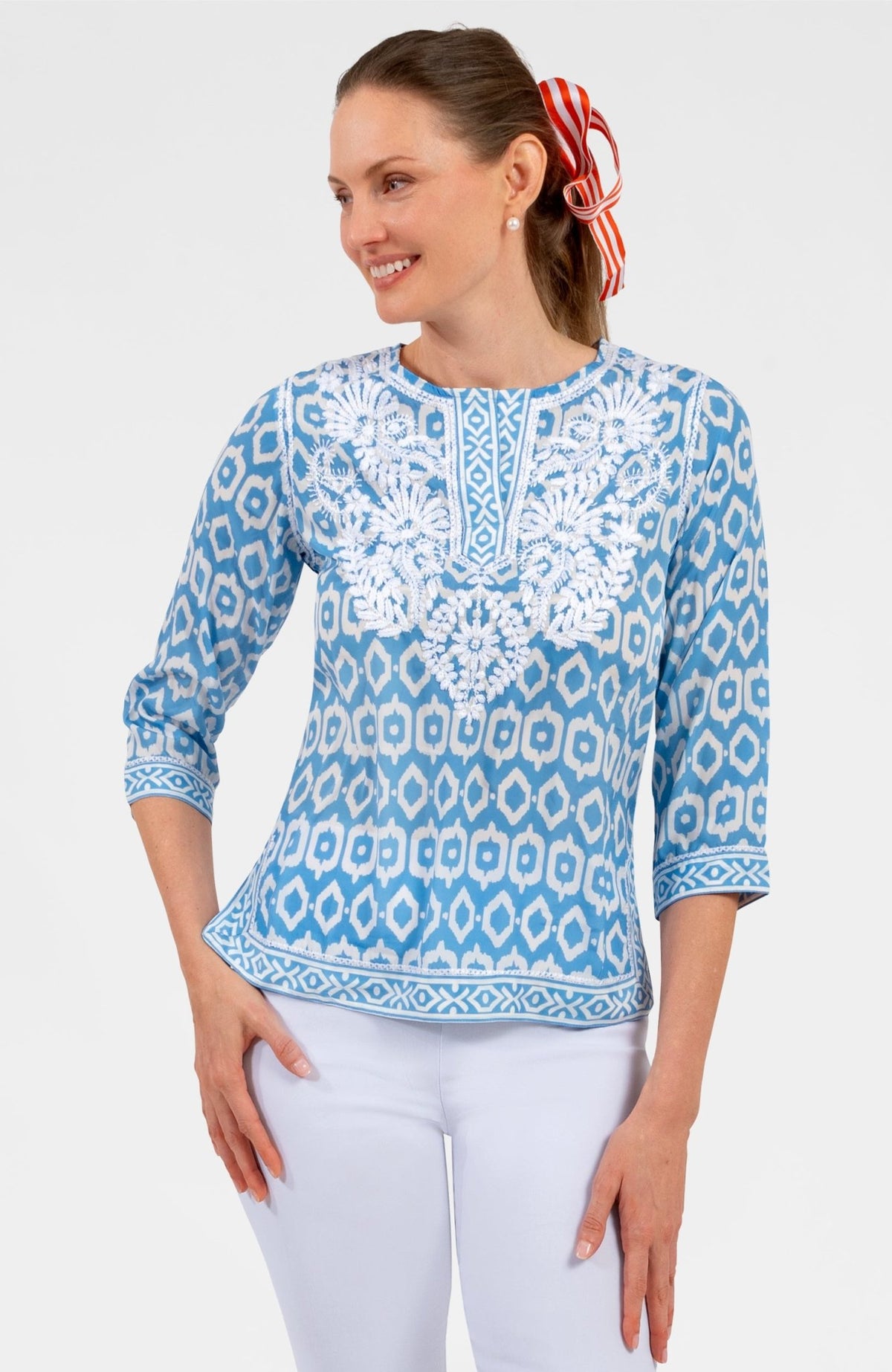 Geo Embroidered Silky Tunic Periwinkle