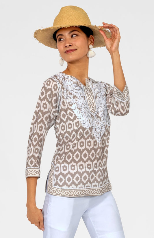 Geo Embroidered Silky Tunic Khaki