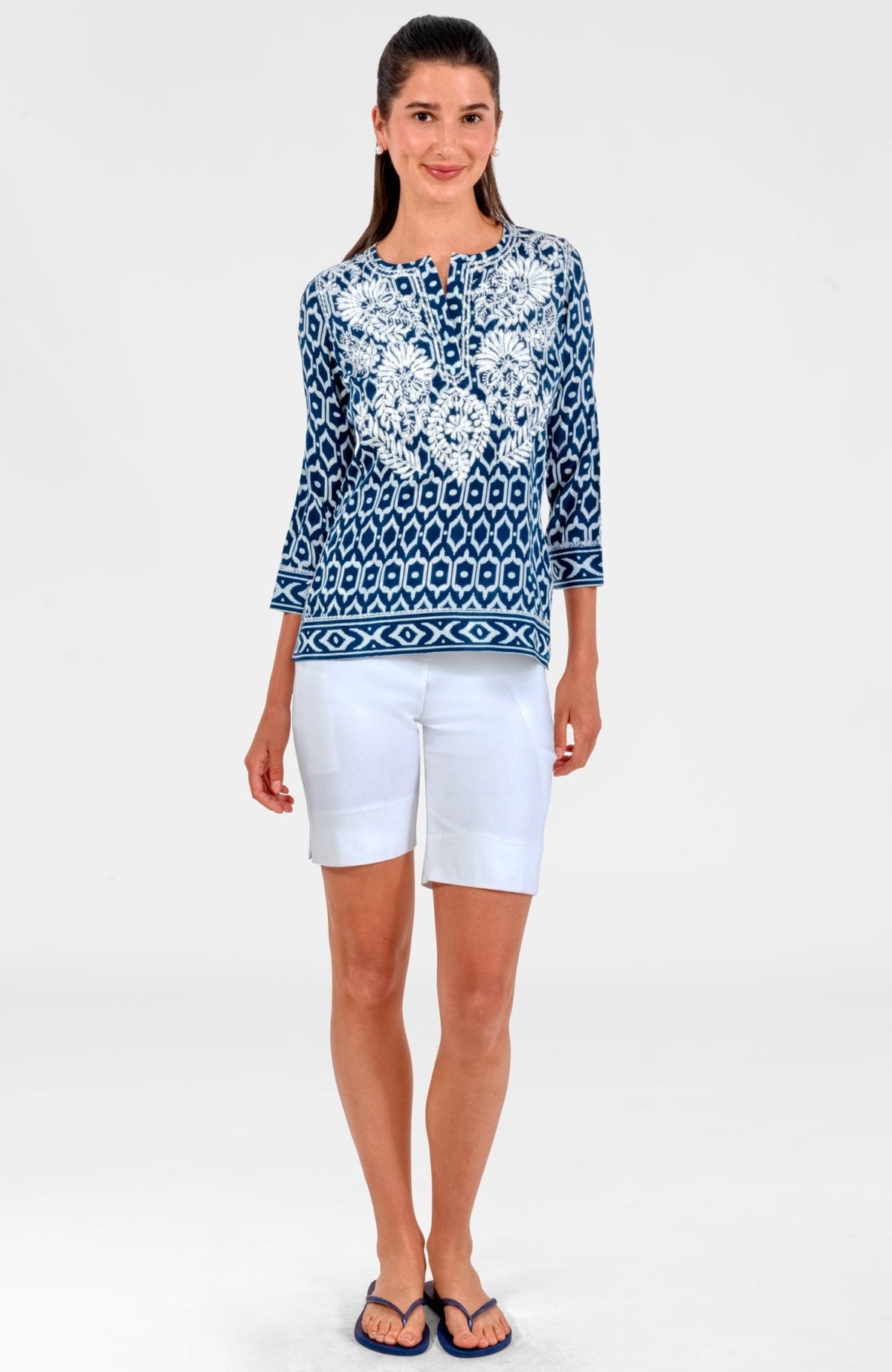 Geo Embroidered Silky Tunic Navy