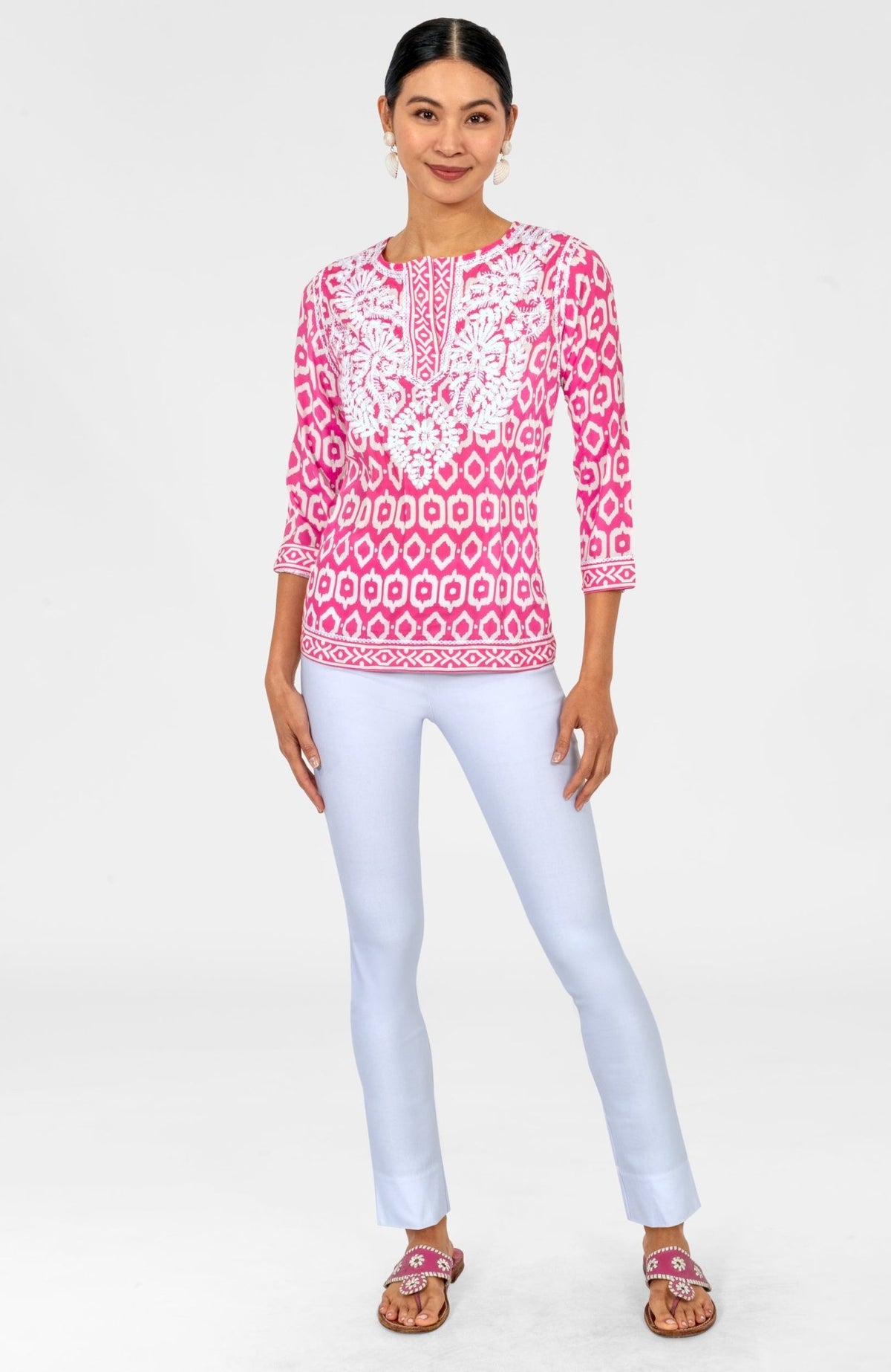 Geo Embroidered Silky Tunic Pink