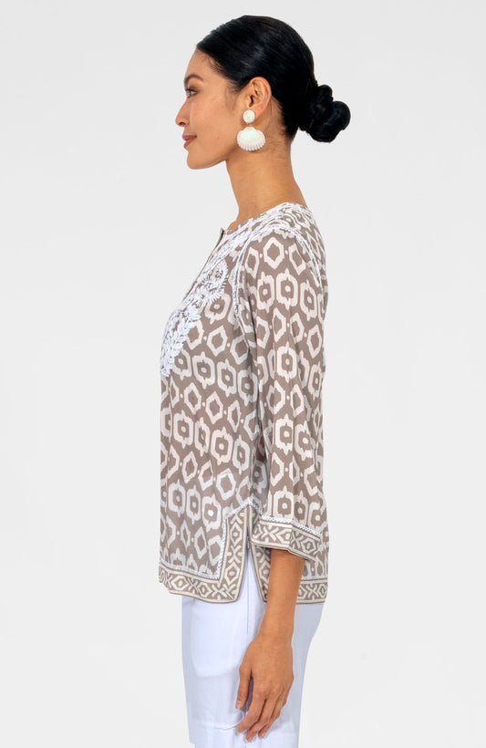 Geo Embroidered Silky Tunic Khaki