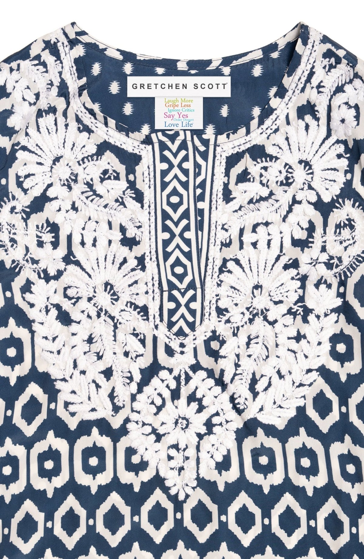 Geo Embroidered Silky Tunic Navy