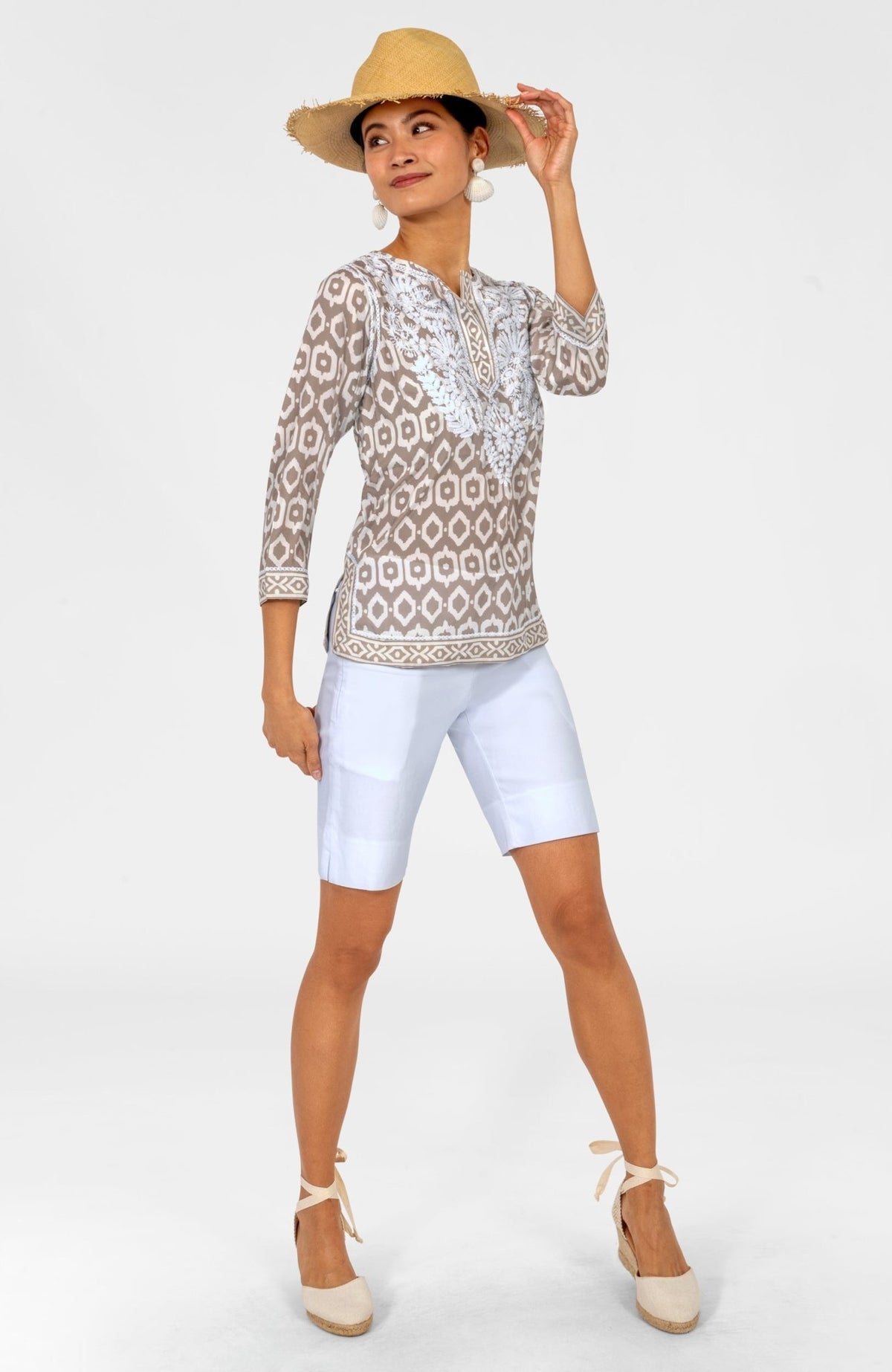 Geo Embroidered Silky Tunic Khaki