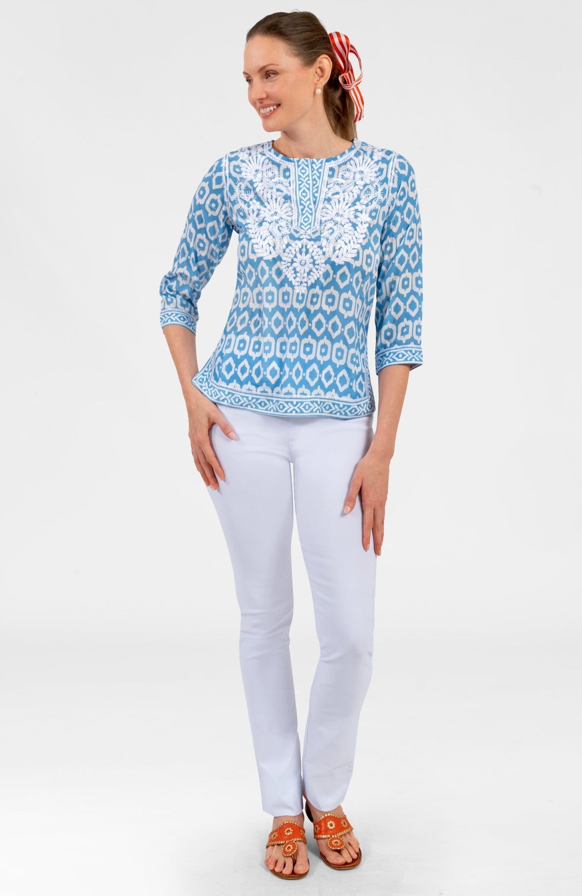 Geo Embroidered Silky Tunic Periwinkle