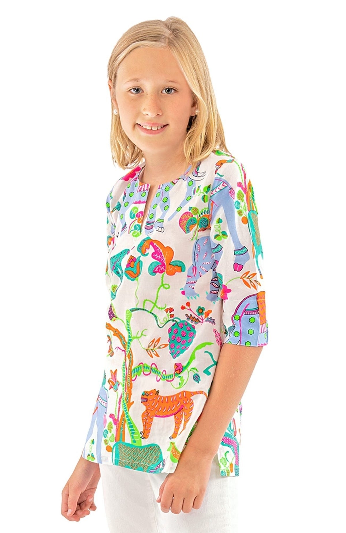 Girls Cotton Tunic - Animal Kingdom White Multi