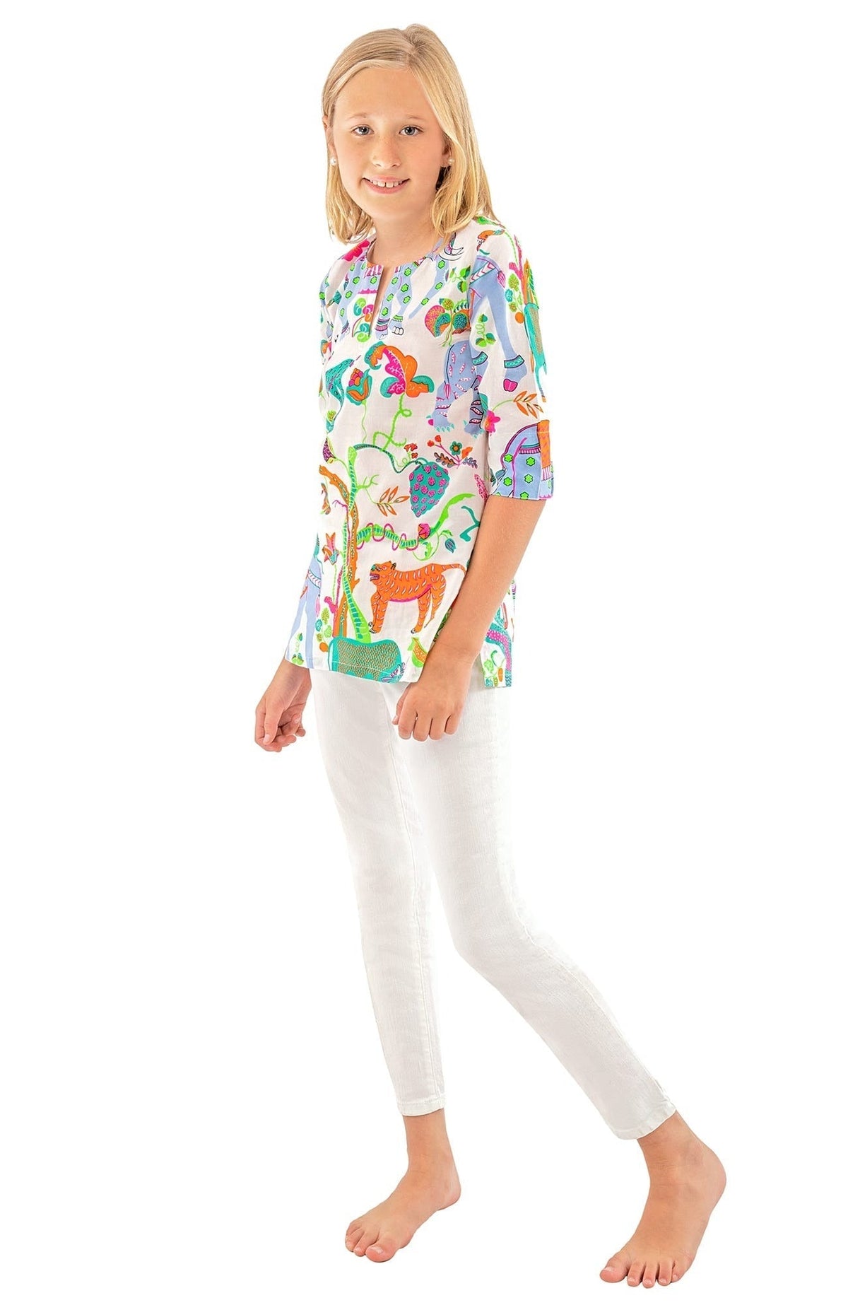 Girls Cotton Tunic - Animal Kingdom White Multi