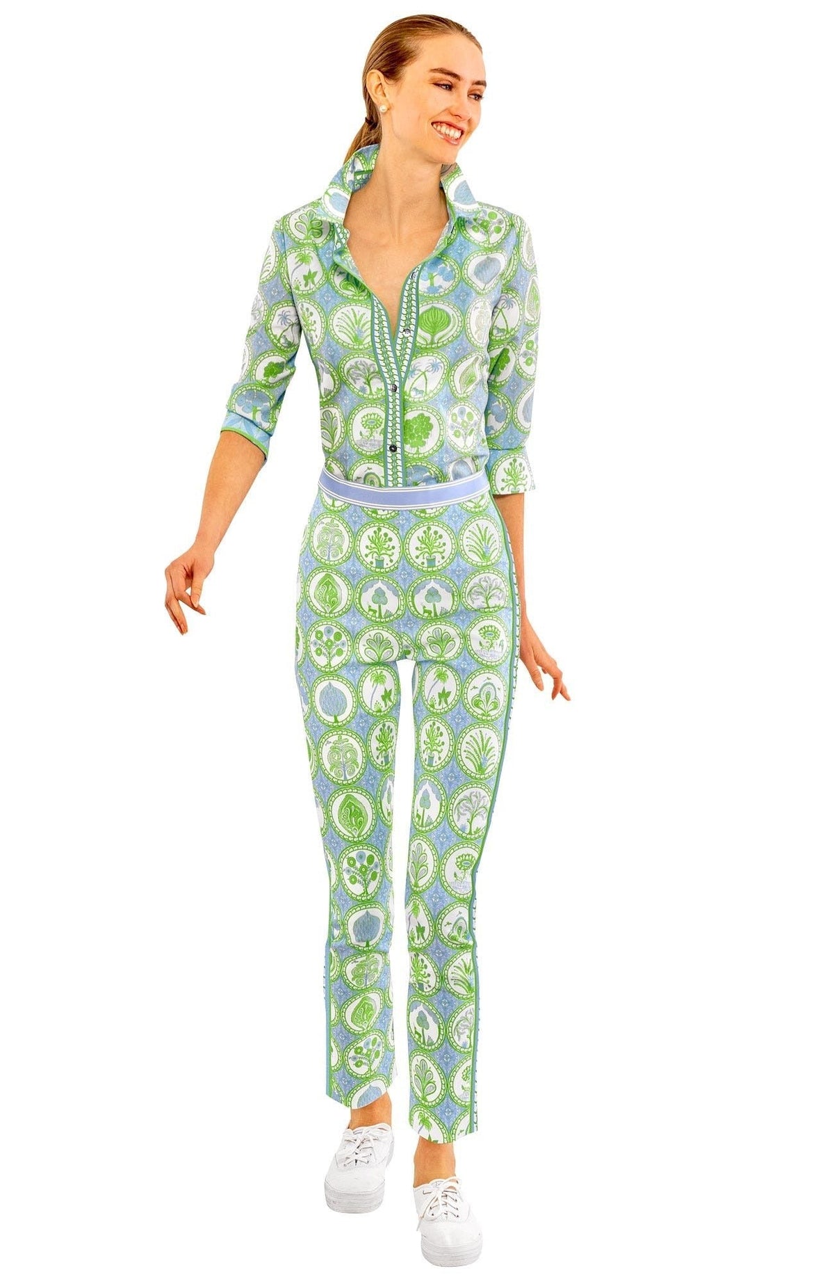 Gripeless Pull On Pants - Circle Of Love Peri Kelly White