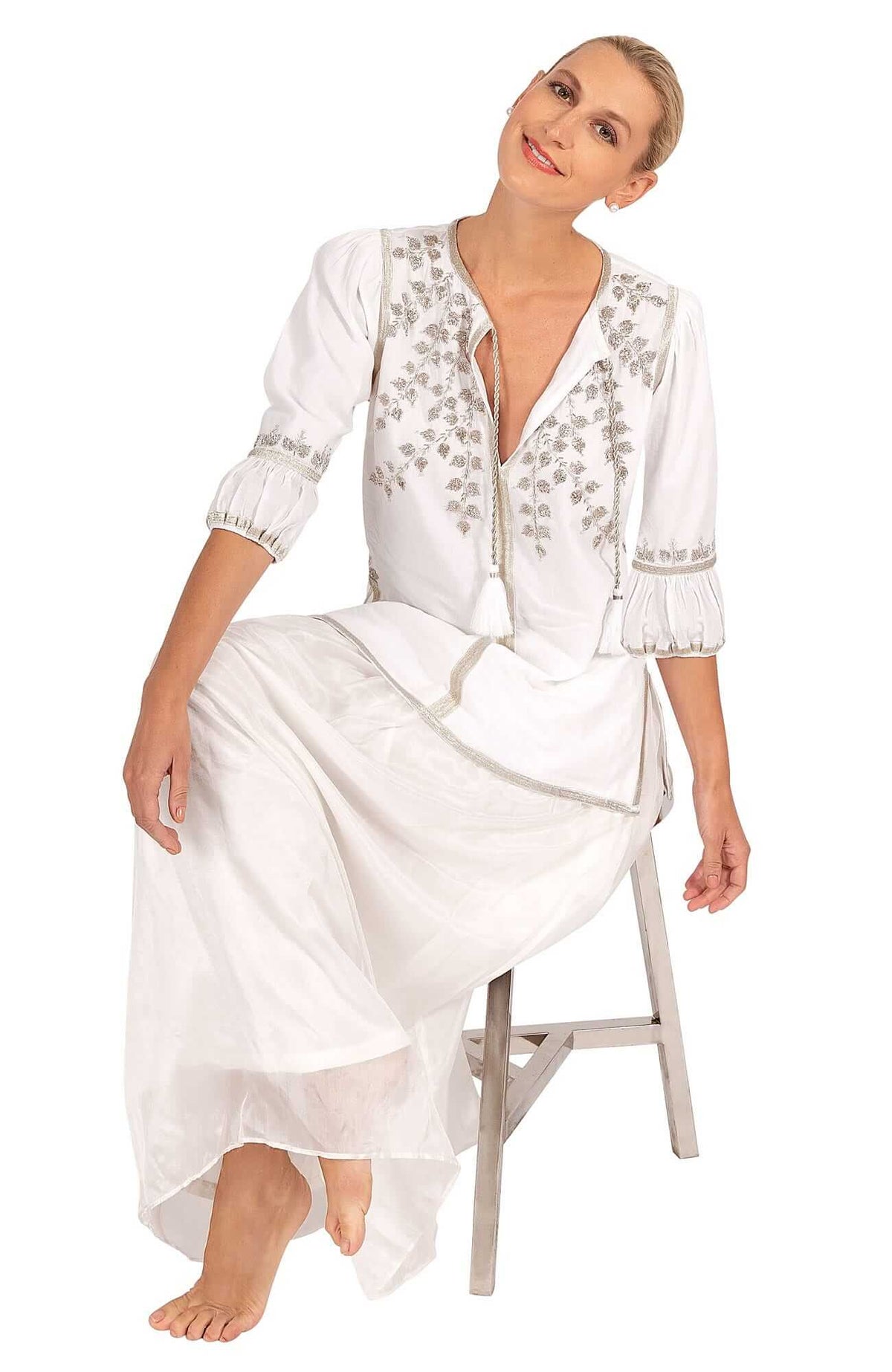 Hand Embroidered Cleopatra Tunic - La Di Da - Final Sale White Silver