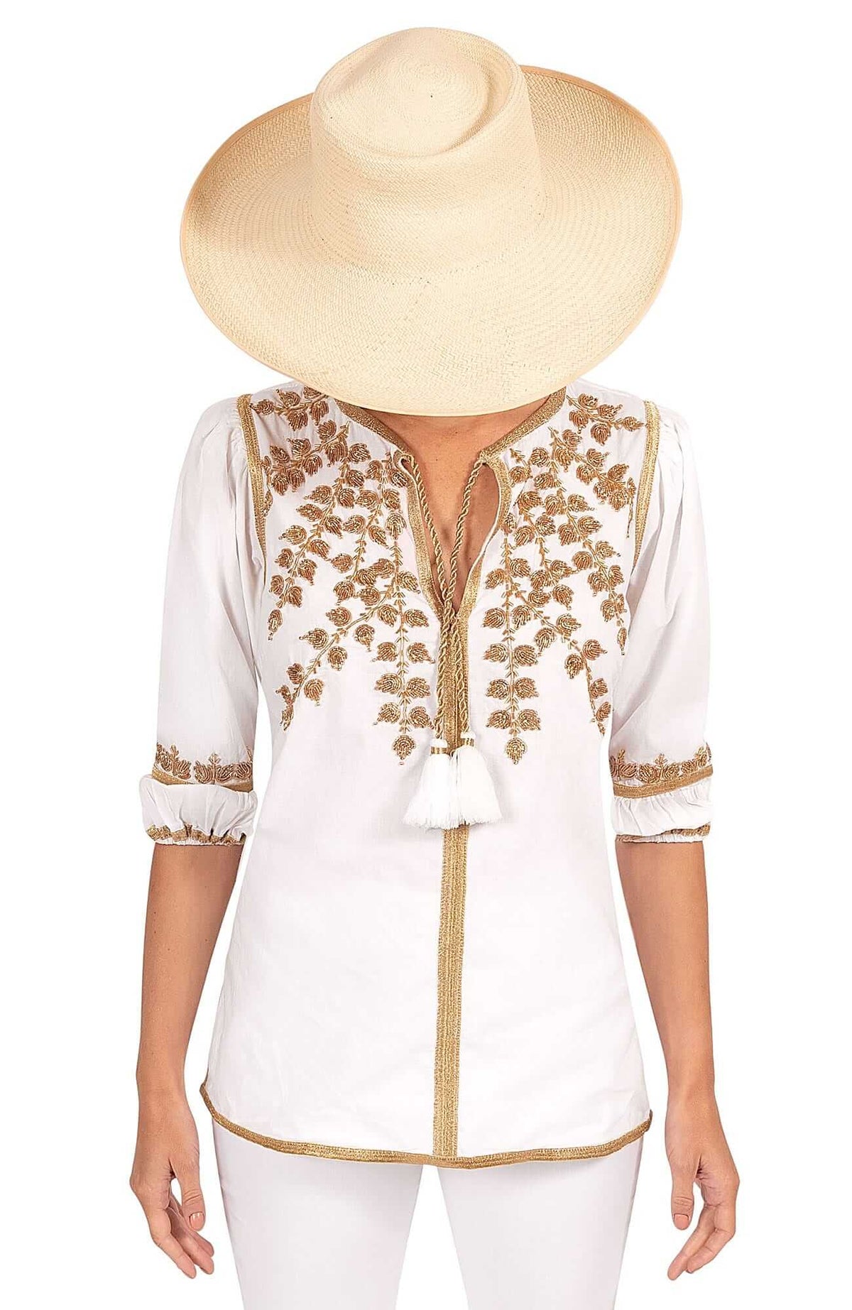 Hand Embroidered Cleopatra Tunic - La Di Da - Final Sale White Gold