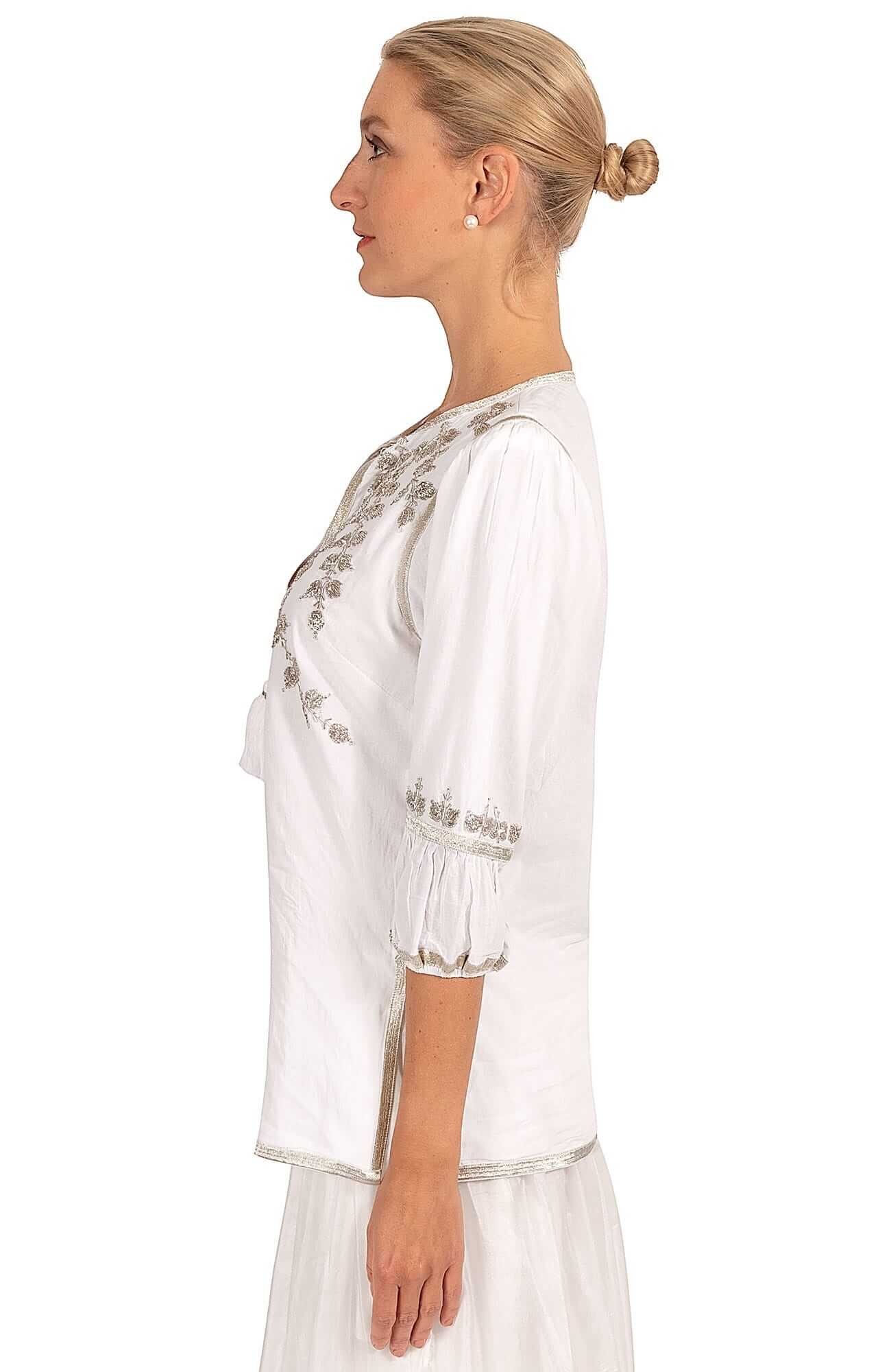 Hand Embroidered Cleopatra Tunic - La Di Da - Final Sale White Silver