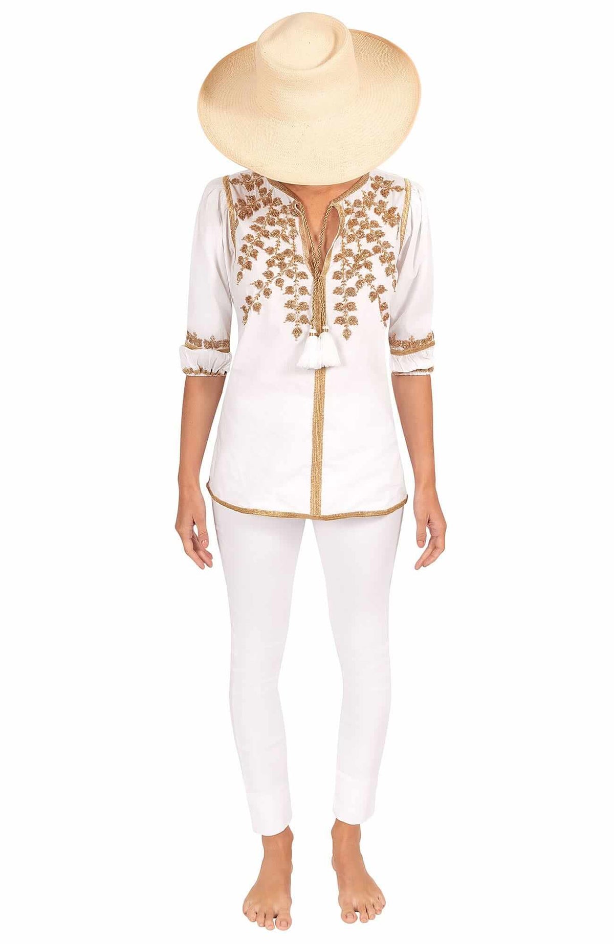 Hand Embroidered Cleopatra Tunic - La Di Da - Final Sale White Gold