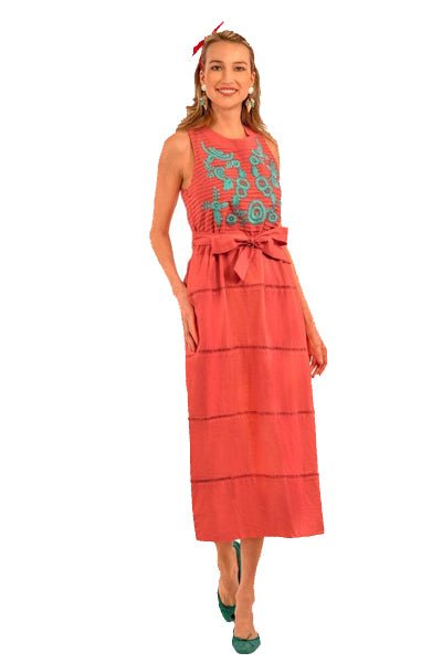 Hand Embroidered Cotton Peony Paradise Midi/Maxi Dress - La Di Da - Final Sale Coral Turq
