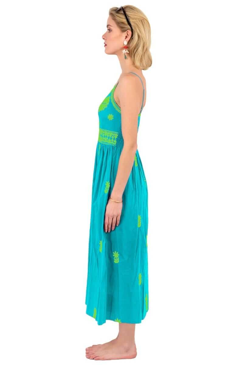 Hand Embroidered Midi Dress - Fiesta Time - Final Sale Turq Lime
