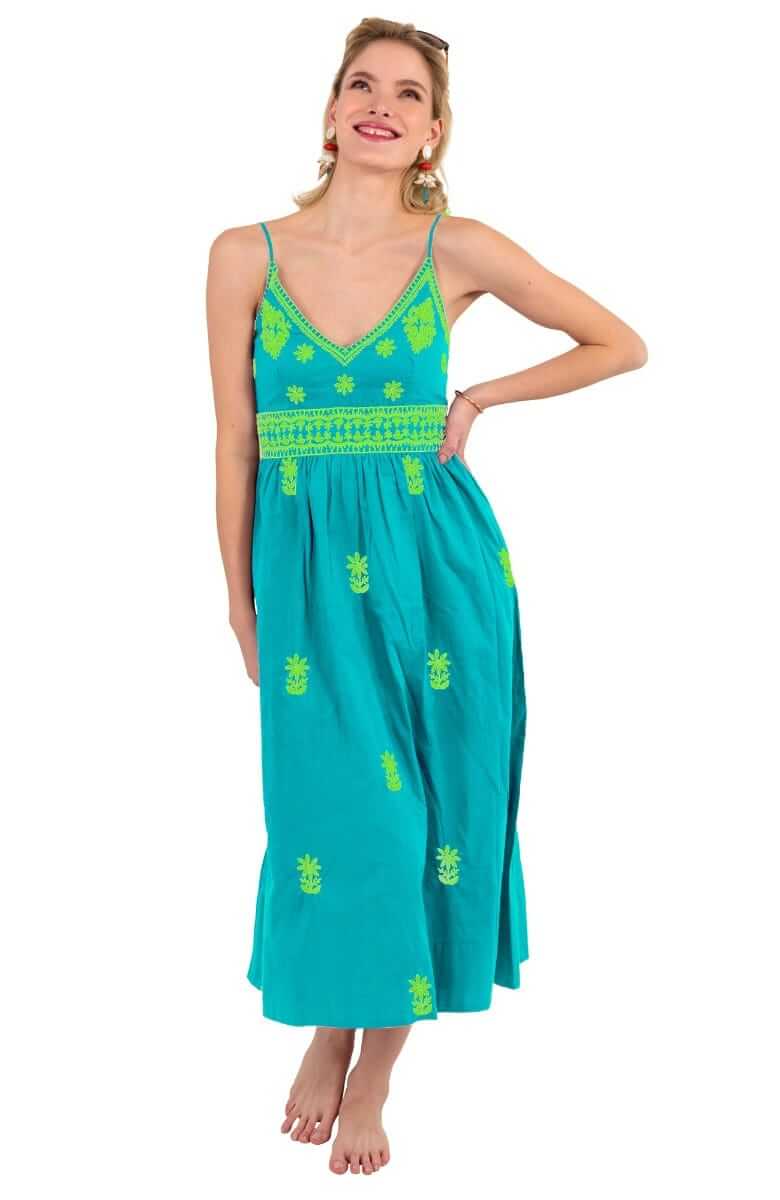 Hand Embroidered Midi Dress - Fiesta Time - Final Sale Turq Lime