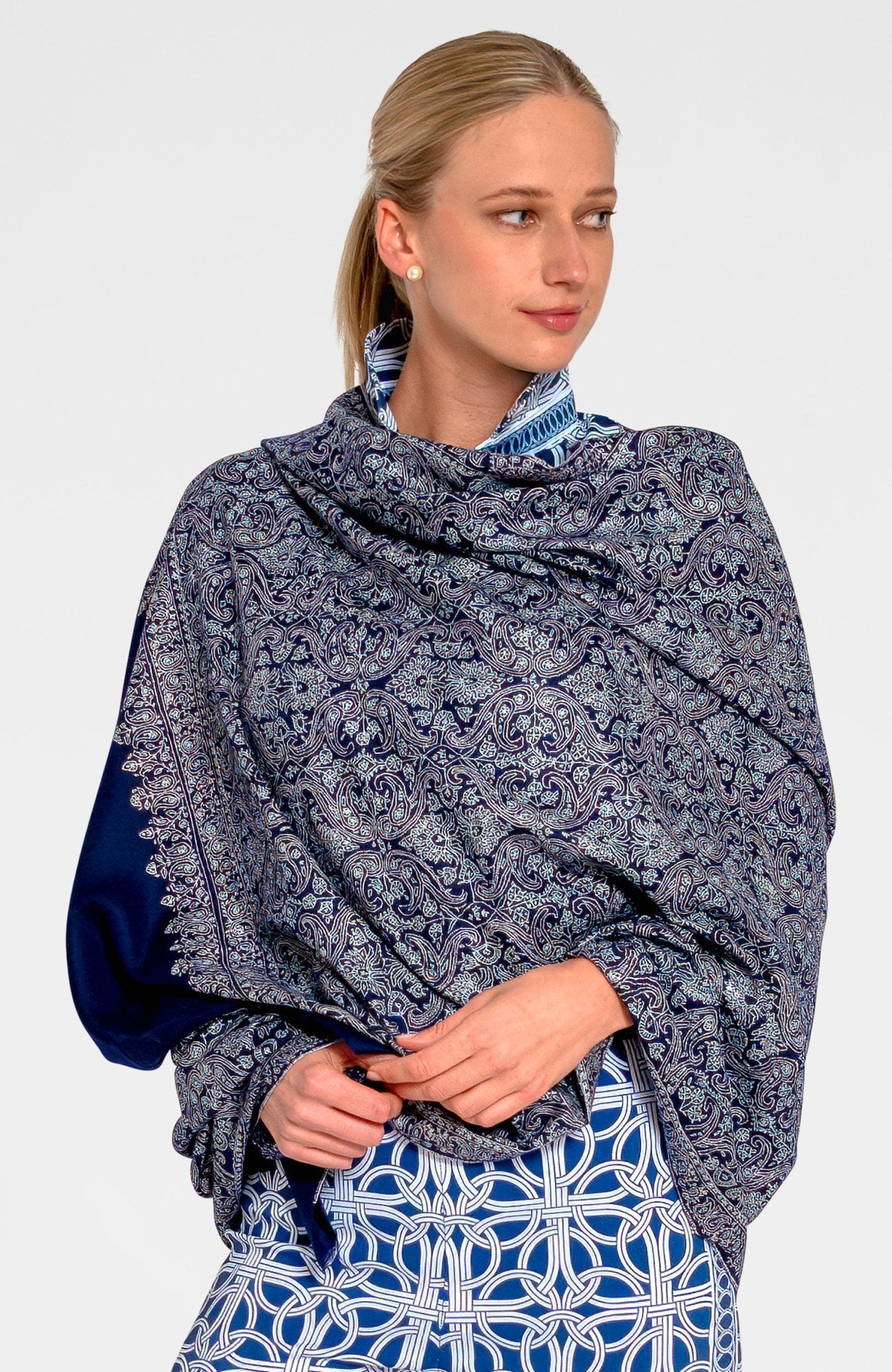 Hand Woven & Hand Embroidered Cashmere Pashmina - Blue Multi