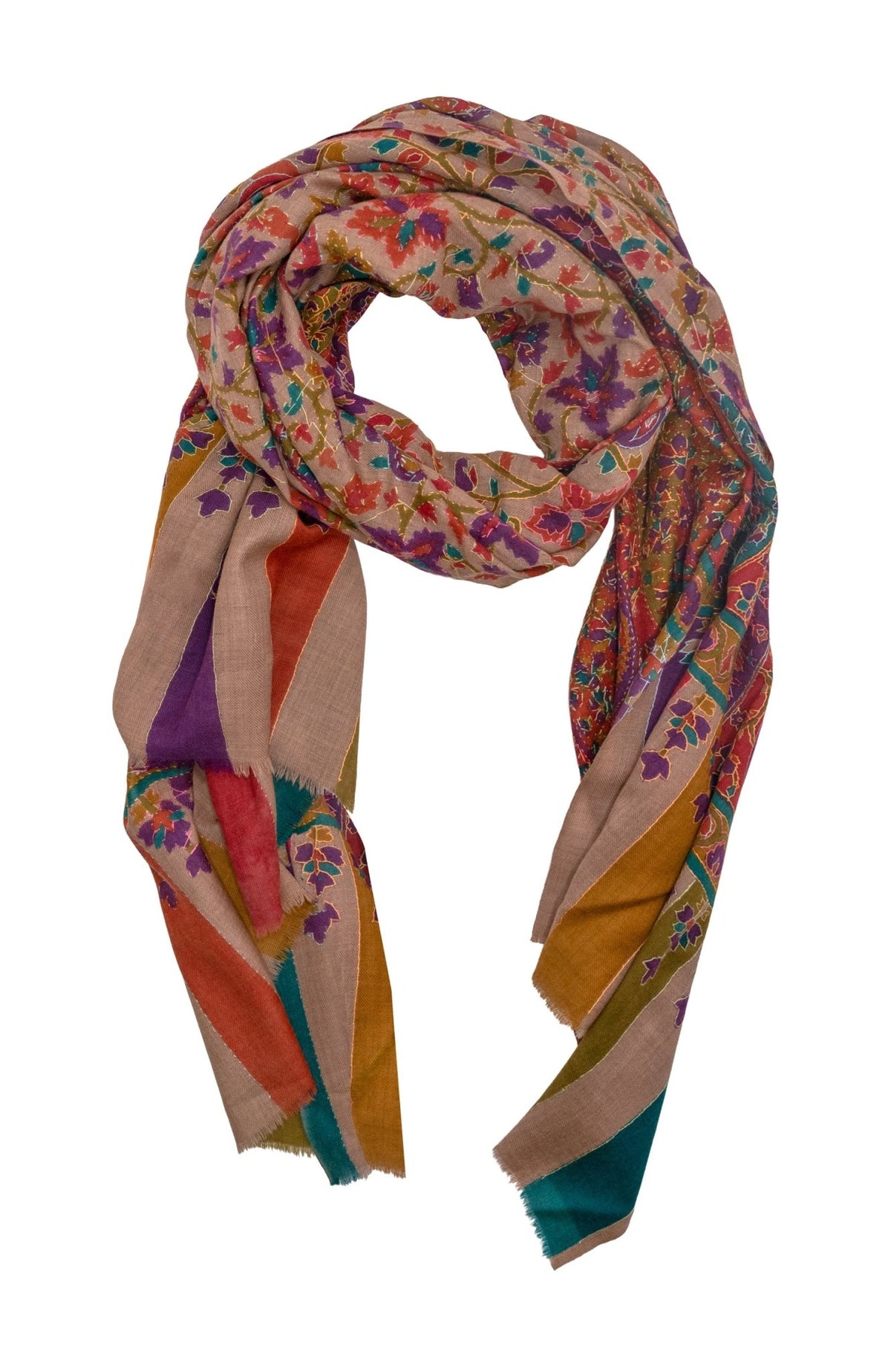 Hand Woven & Hand Embroidered Cashmere Pashmina - Brown Multi