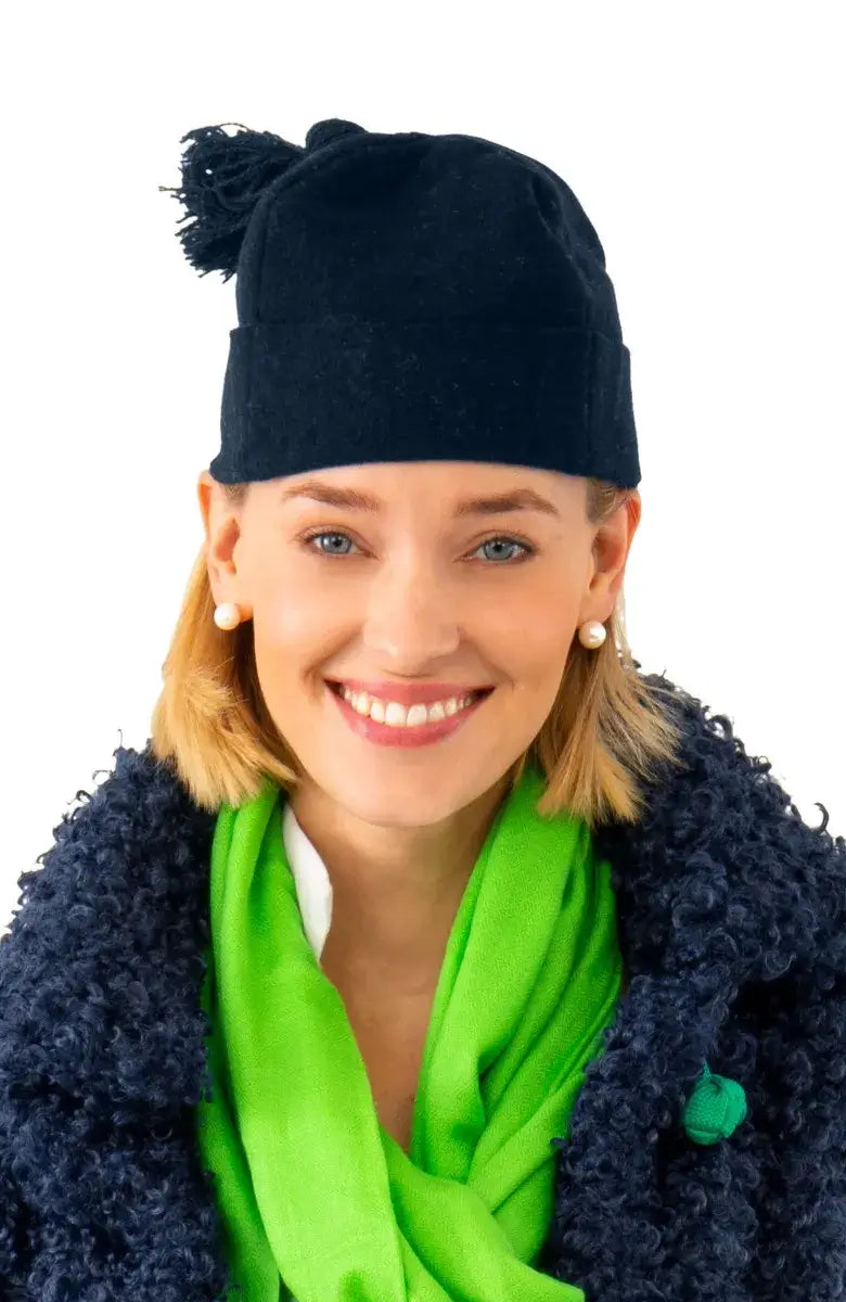 Wool Pom Pom Hat - Solid Navy