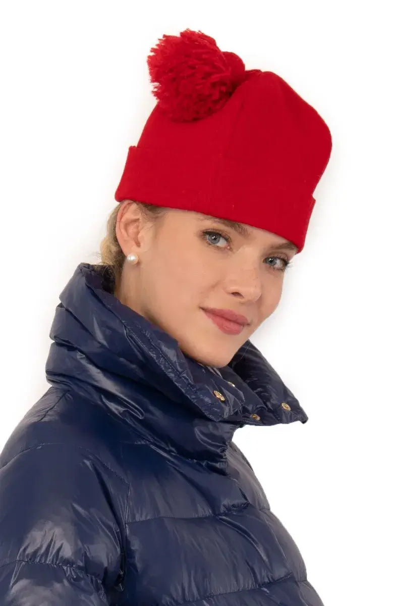 Wool Pom Pom Hat - Solid Red