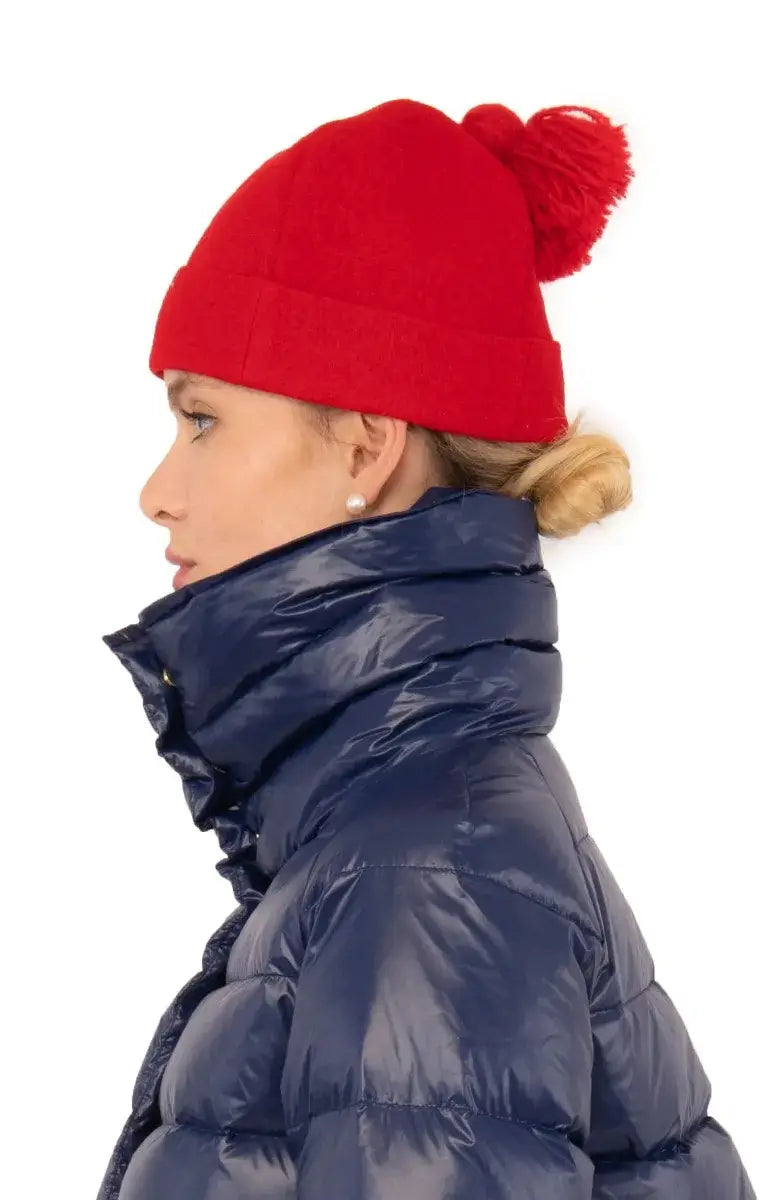 Wool Pom Pom Hat - Solid Red