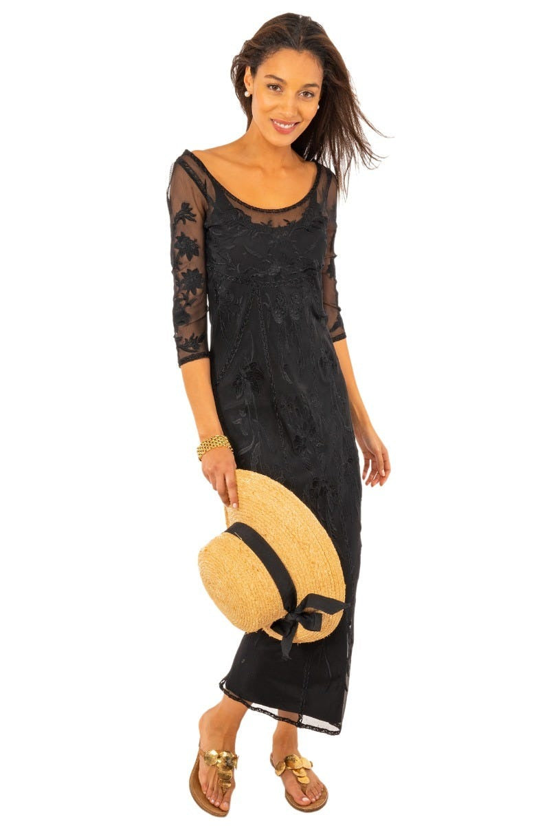 Mesh Embroidered Midi/Maxi Dress with Slip - Ikebana Black Black