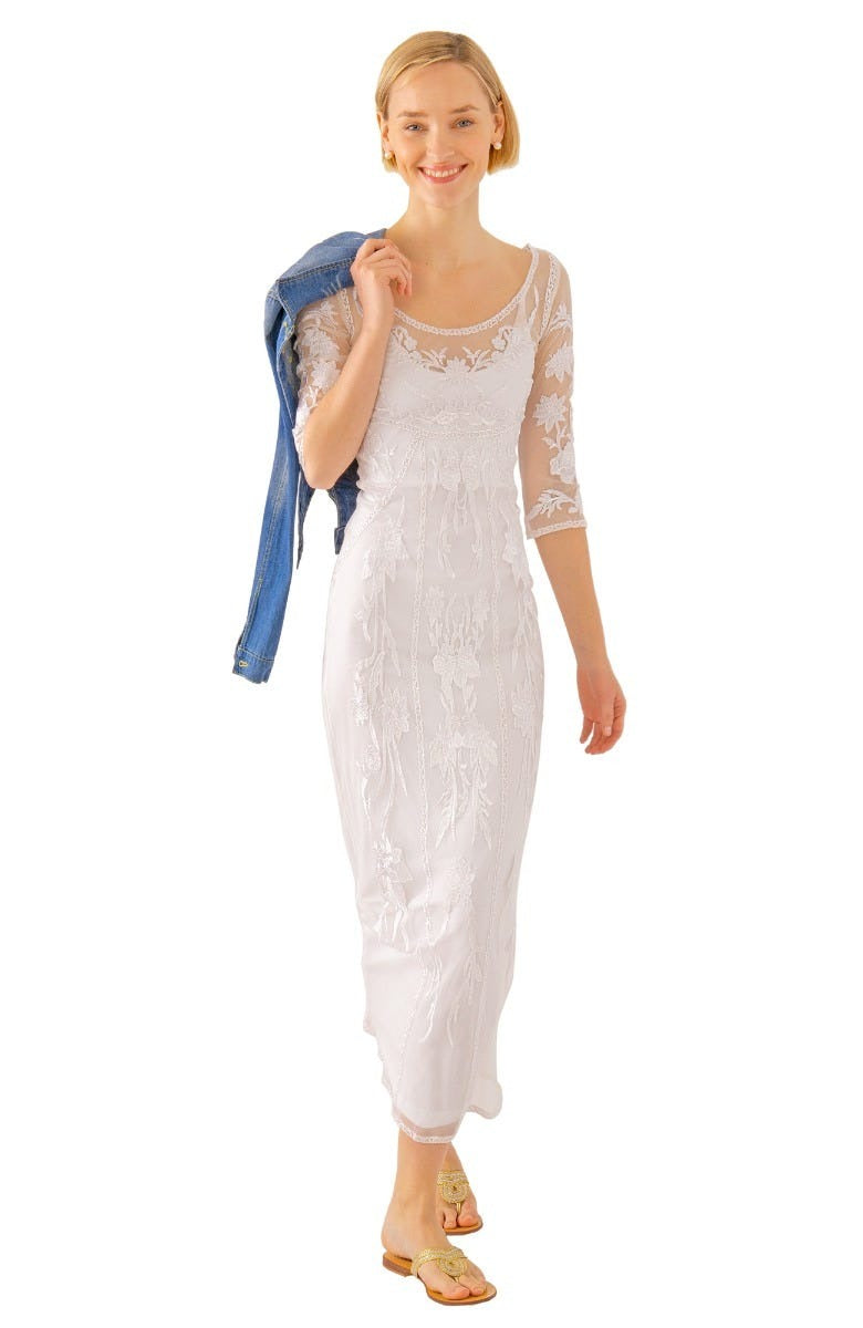 Mesh Embroidered Midi/Maxi Dress with Slip - Ikebana White White