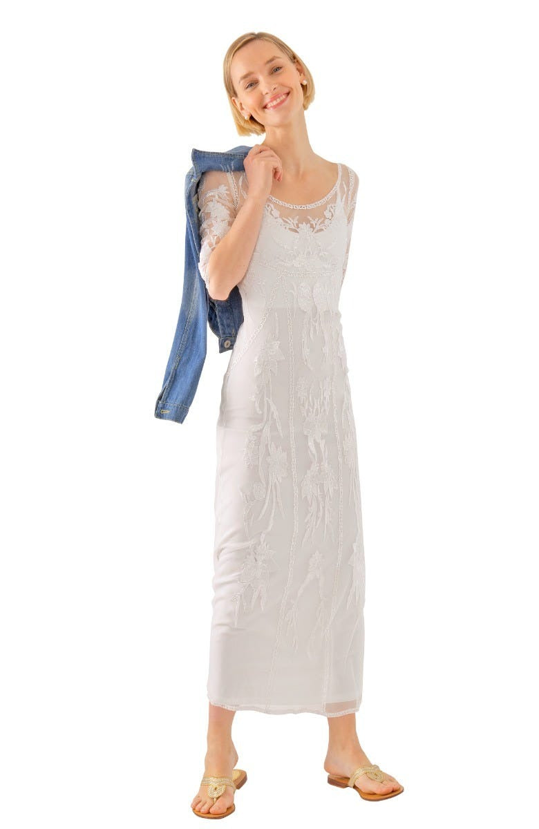 Mesh Embroidered Midi/Maxi Dress with Slip - Ikebana White White